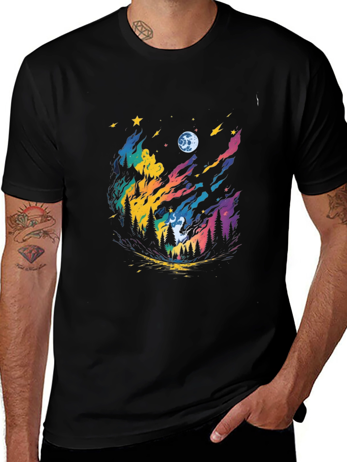 Colorful Night Sky Forest Graphic Tee