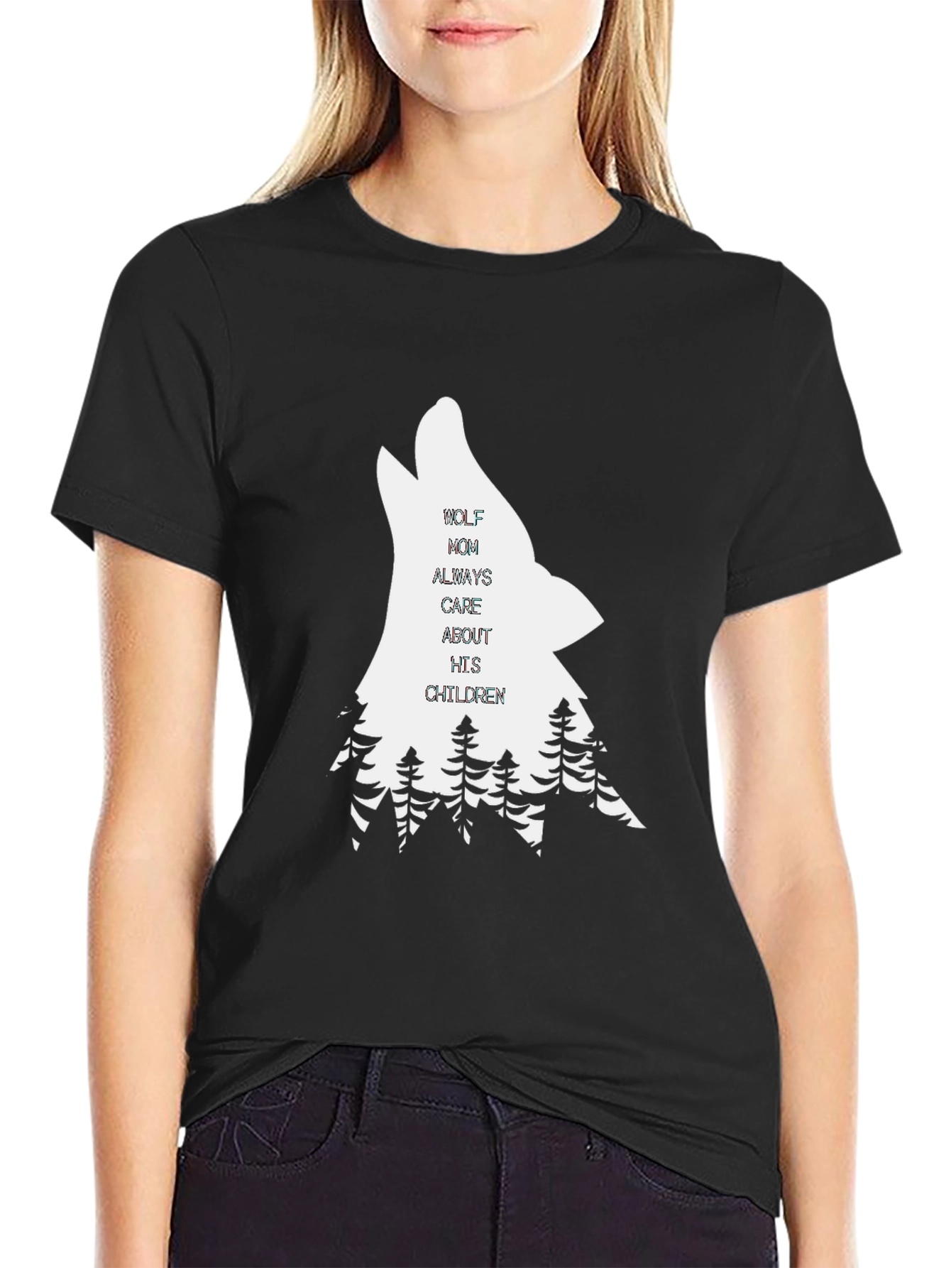 Wolf Mom Graphic Tee - Black Cotton T-Shirt