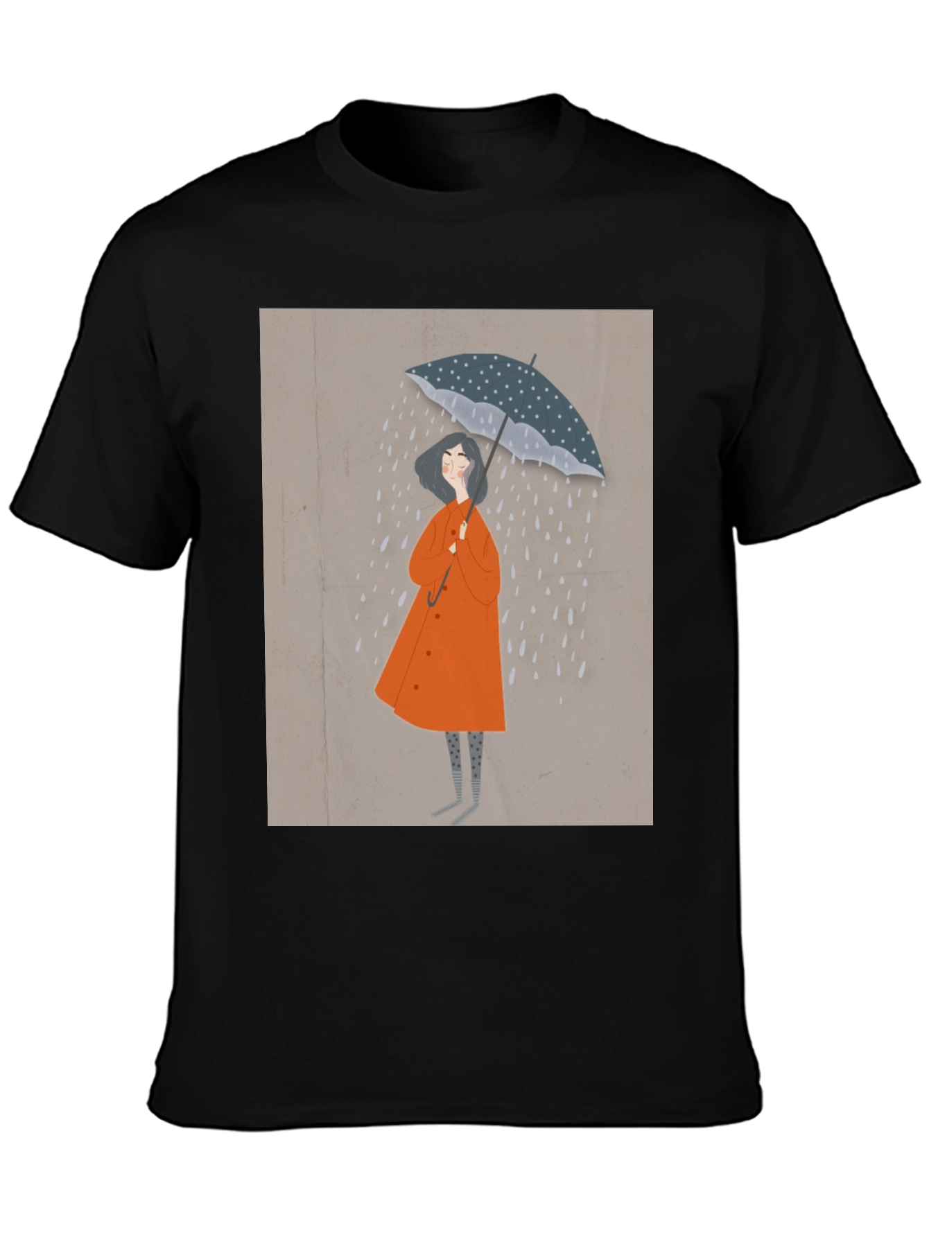 Stylish Black T-Shirt with Rainy Day Illustration