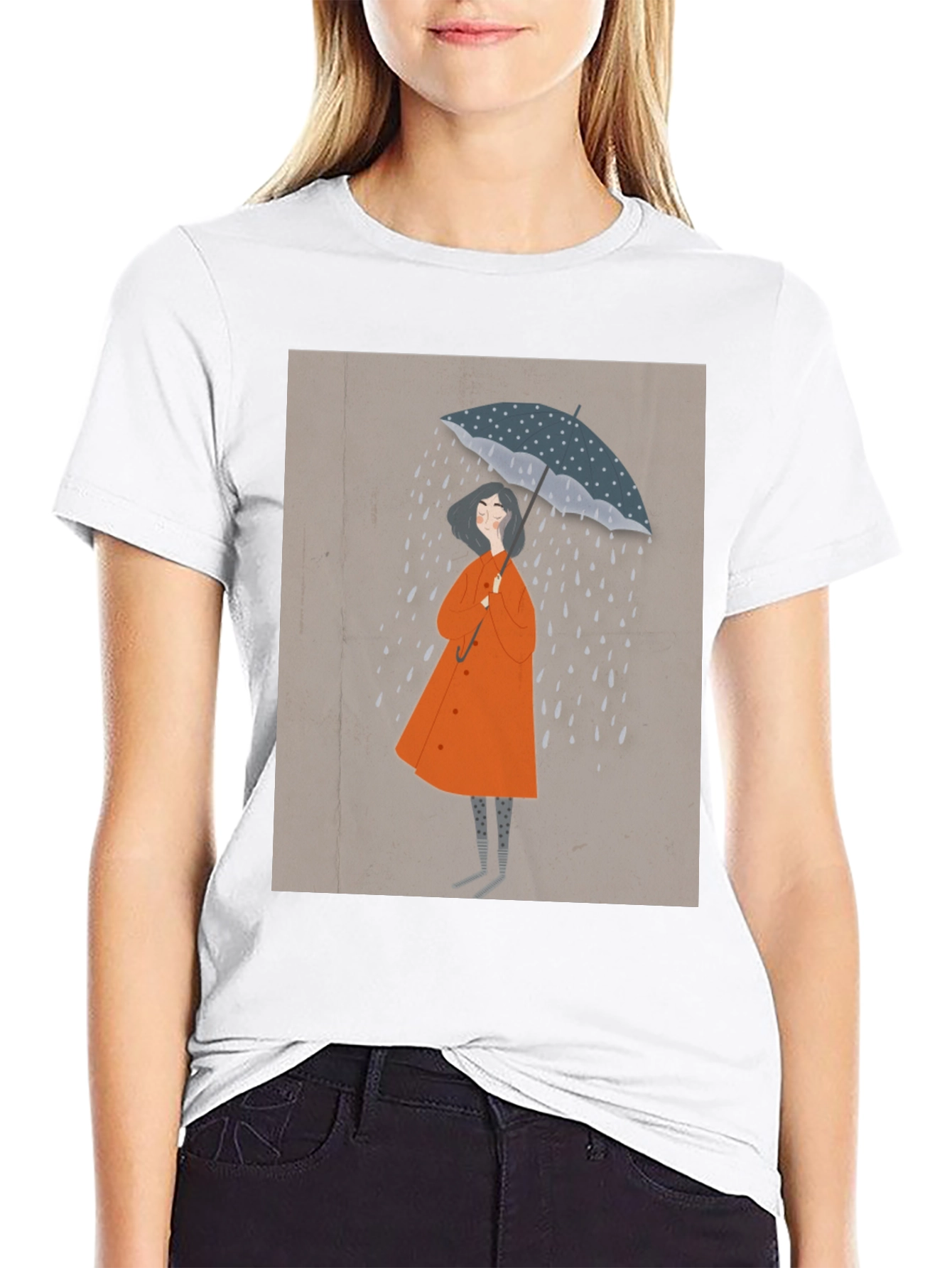 Stylish Black T-Shirt with Rainy Day Illustration