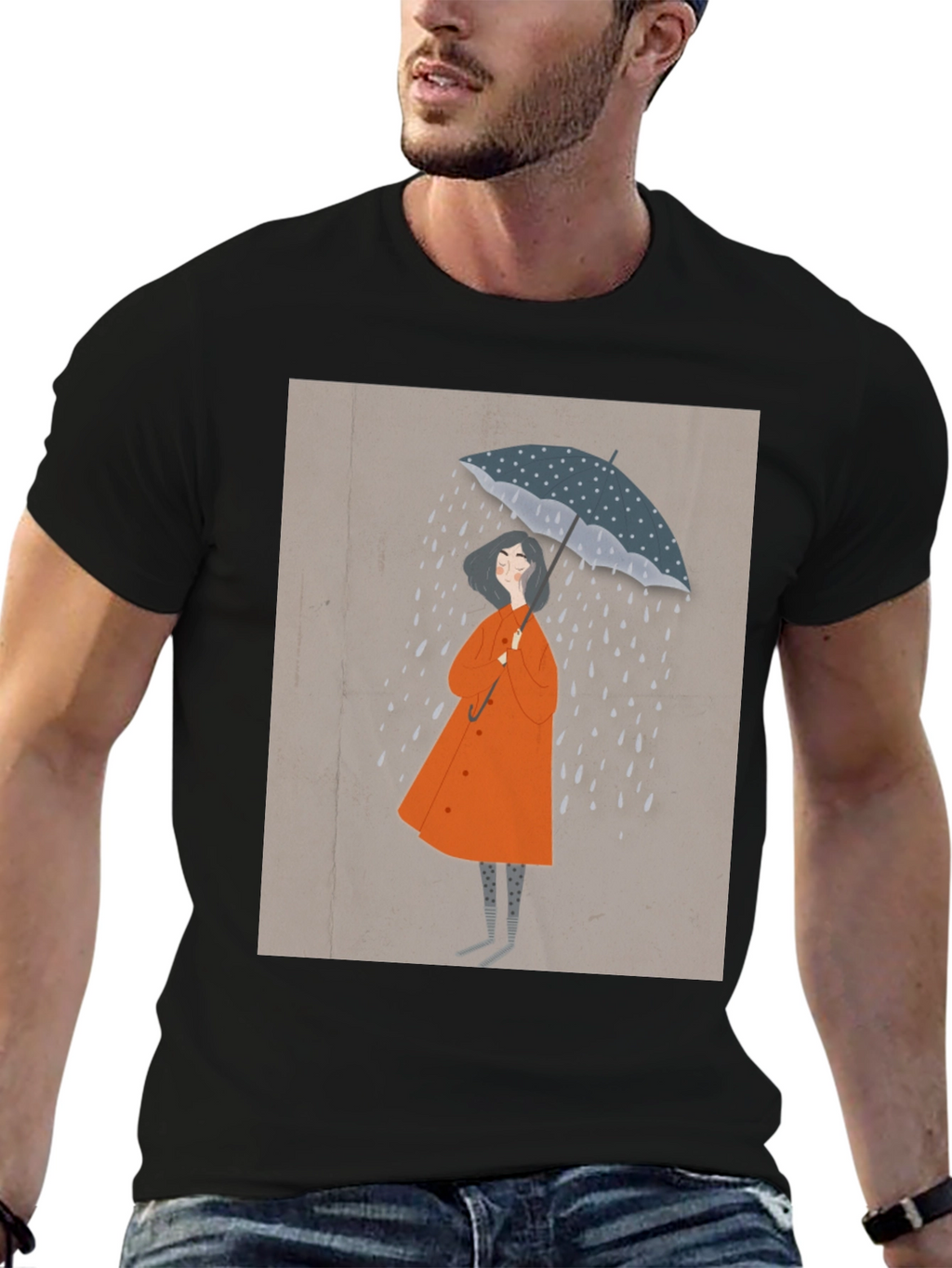 Stylish Black T-Shirt with Rainy Day Illustration