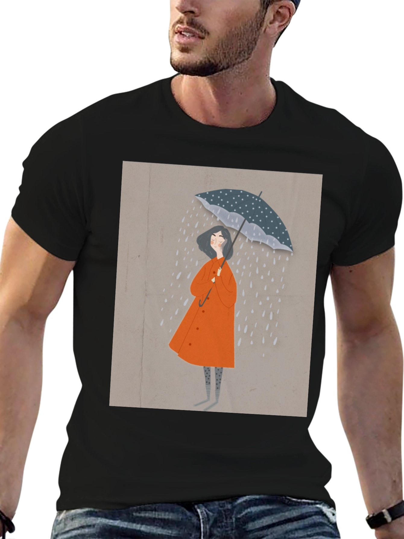 Stylish Black T-Shirt with Rainy Day Illustration