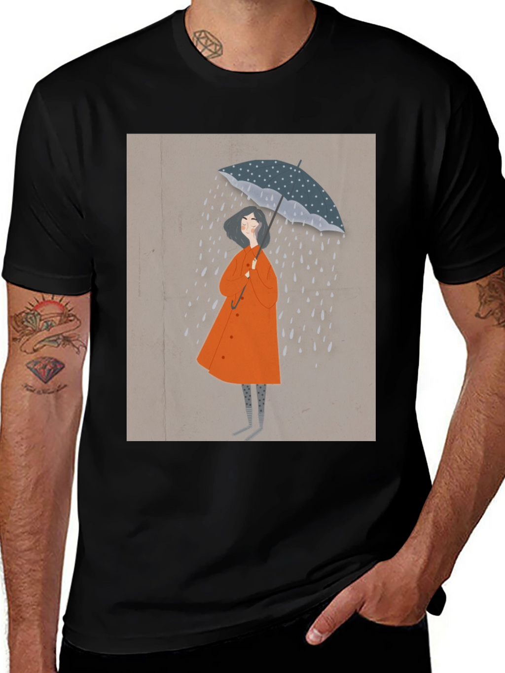Stylish Black T-Shirt with Rainy Day Illustration