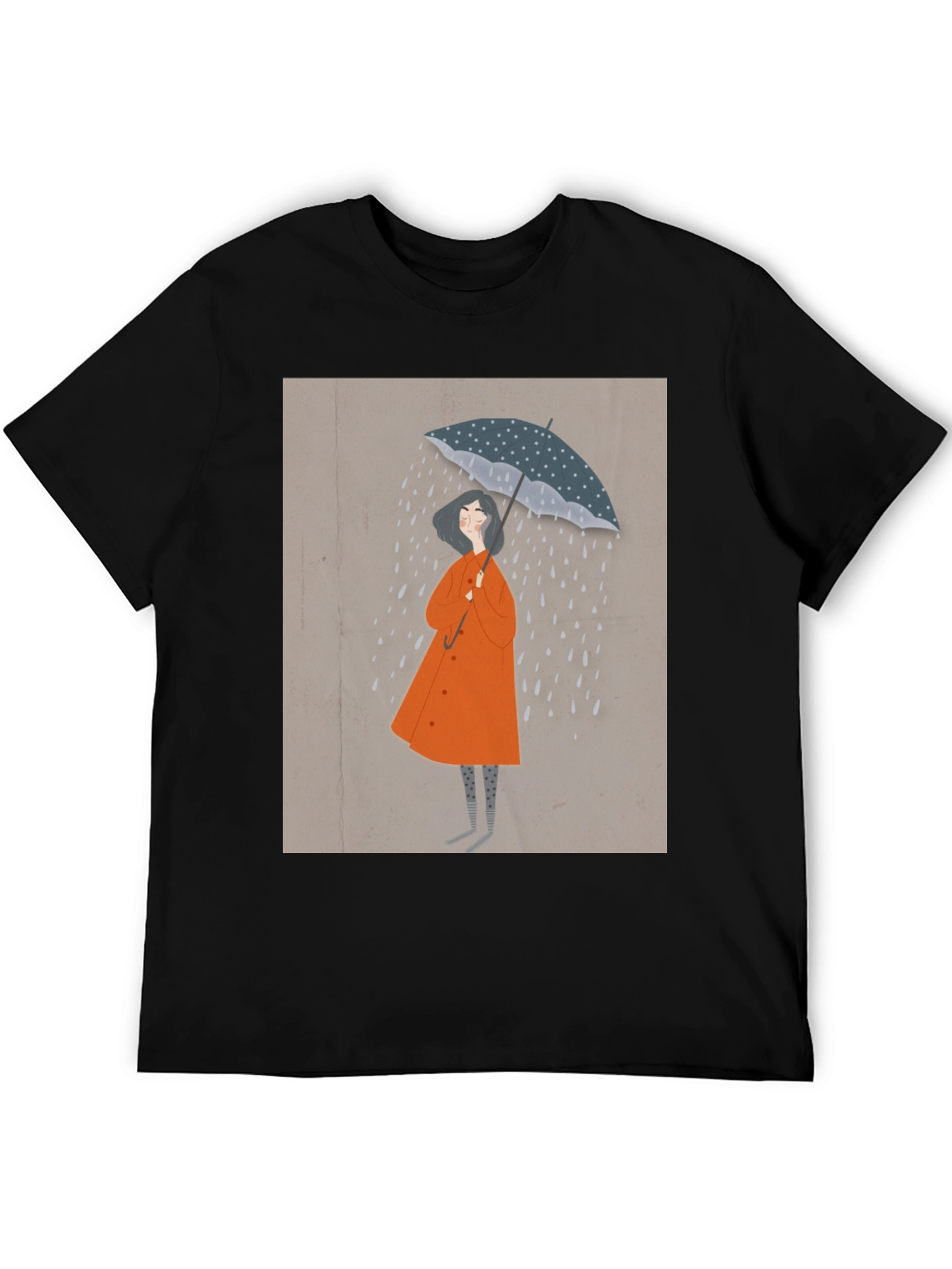 Stylish Black T-Shirt with Rainy Day Illustration