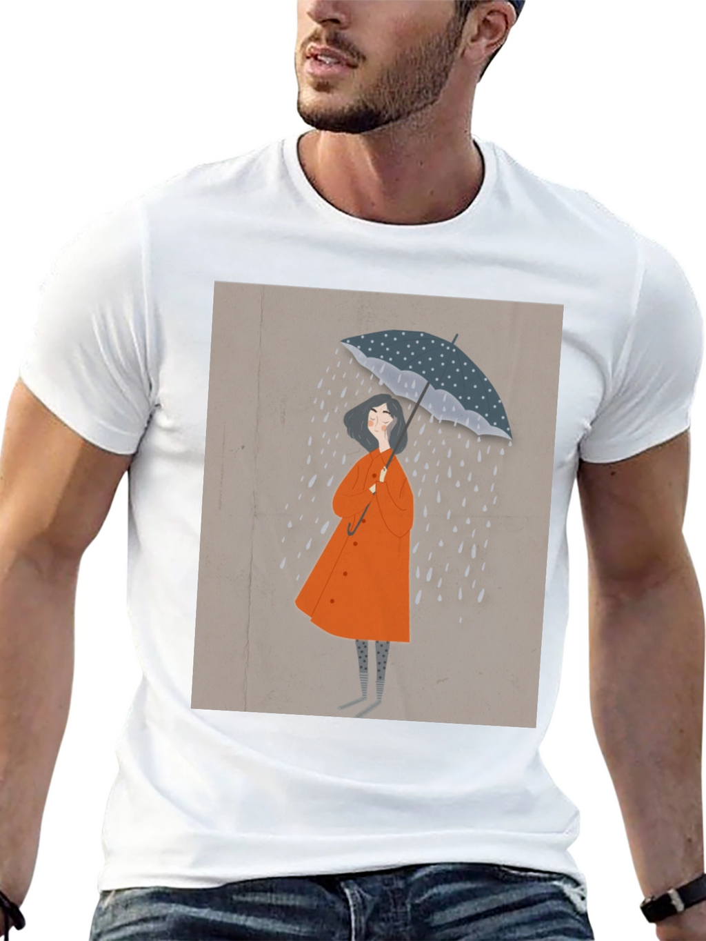 Stylish Black T-Shirt with Rainy Day Illustration