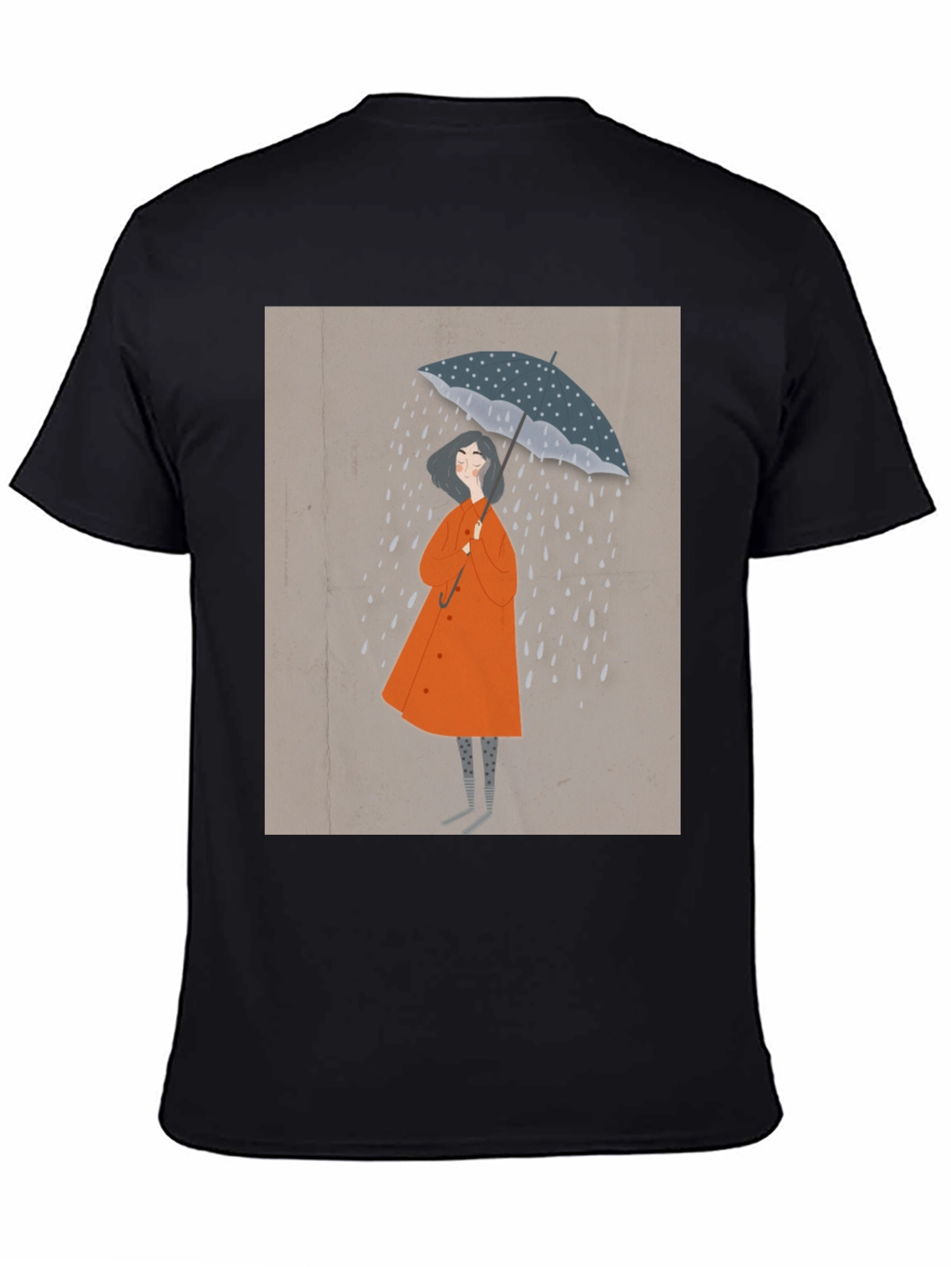 Stylish Black T-Shirt with Rainy Day Illustration