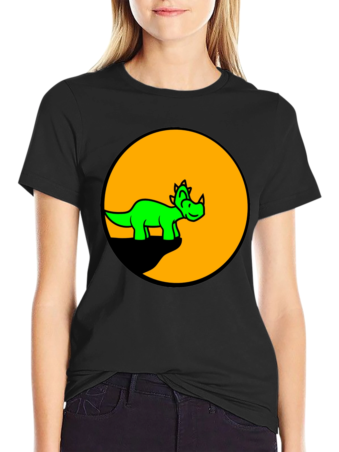 Dino Circle Graphic Tee - Black Cotton T-Shirt