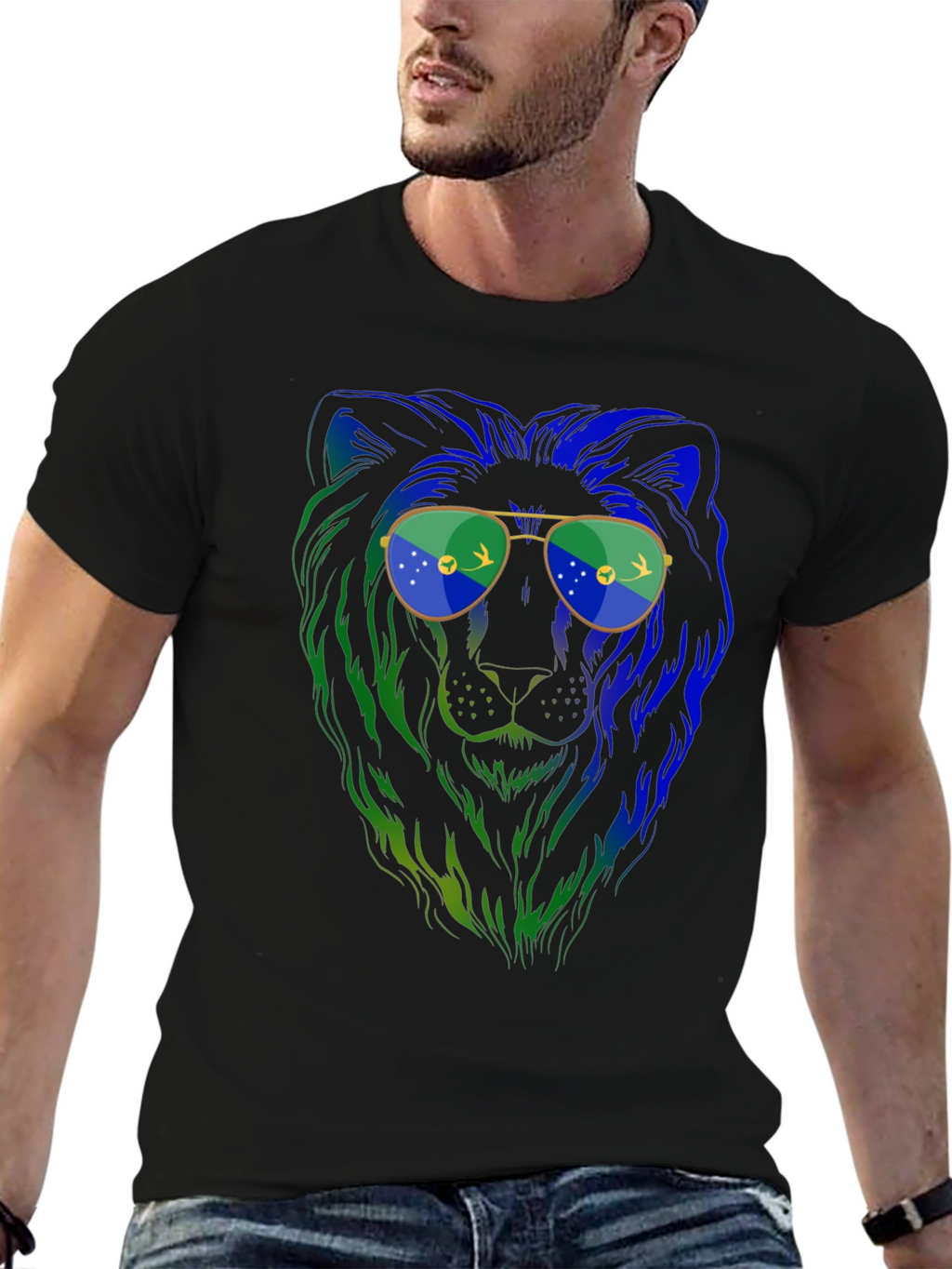 Lion with Sunglasses Graphic Tee - Mens Black T-Shirt