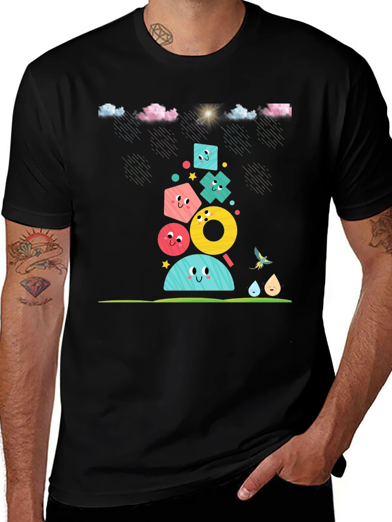 Fun Geometric Character Black T-Shirt