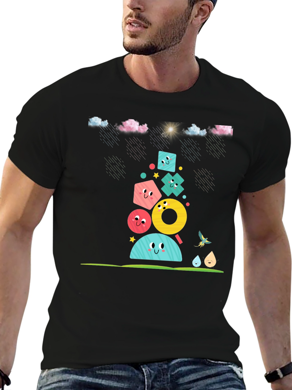 Fun Geometric Character Black T-Shirt