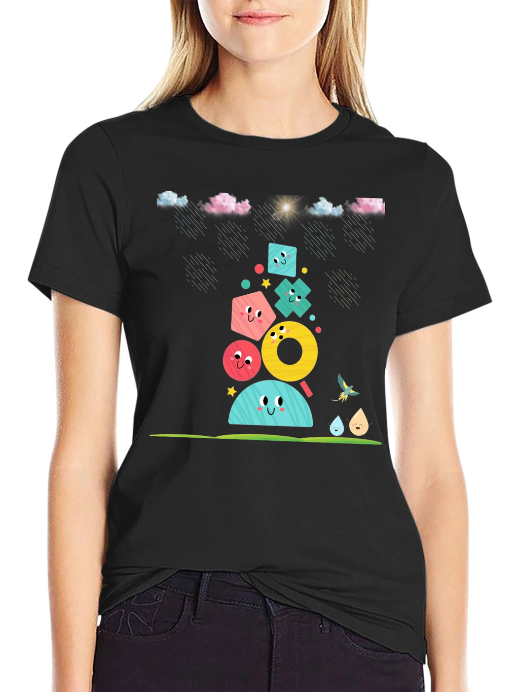 Fun Geometric Character Black T-Shirt