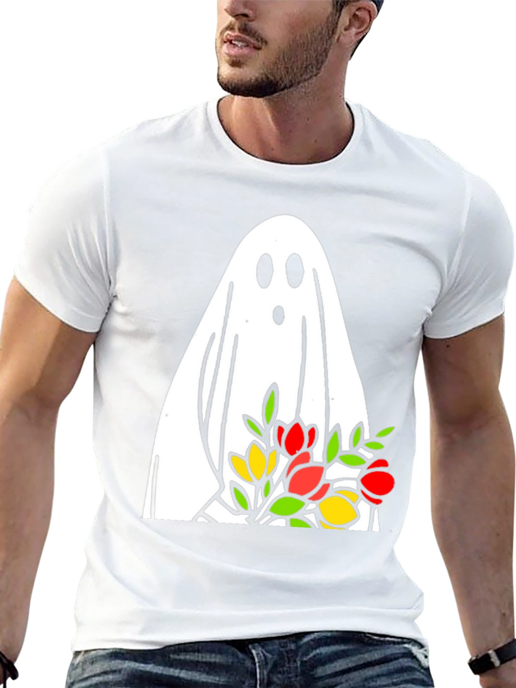 Ghost Holding Flowers Graphic T-Shirt