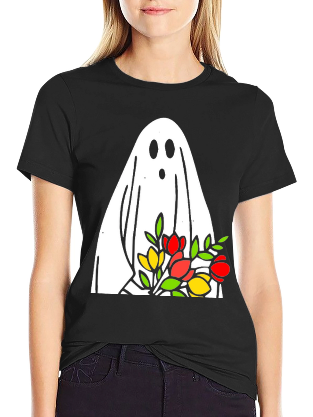 Ghost Holding Flowers Graphic T-Shirt