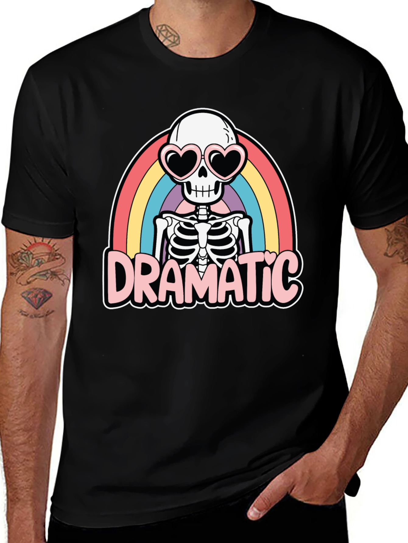 Dramatic Skeleton Rainbow Heart Sunglasses T-Shirt