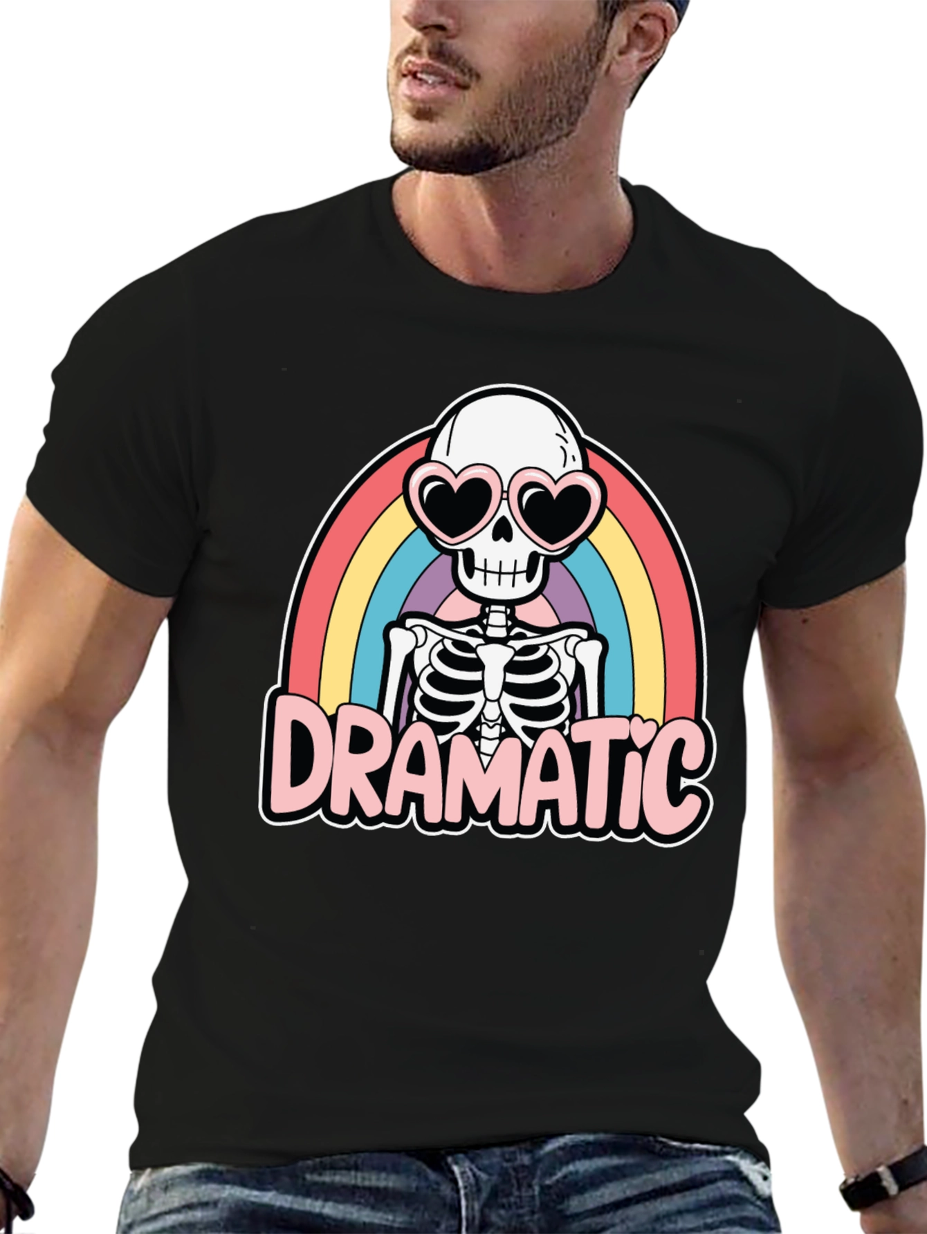 Dramatic Skeleton Rainbow Heart Sunglasses T-Shirt