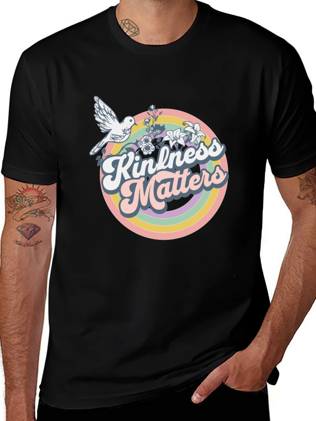 Kindness Matters Graphic T-Shirt - Retro Dove Rainbow Tee