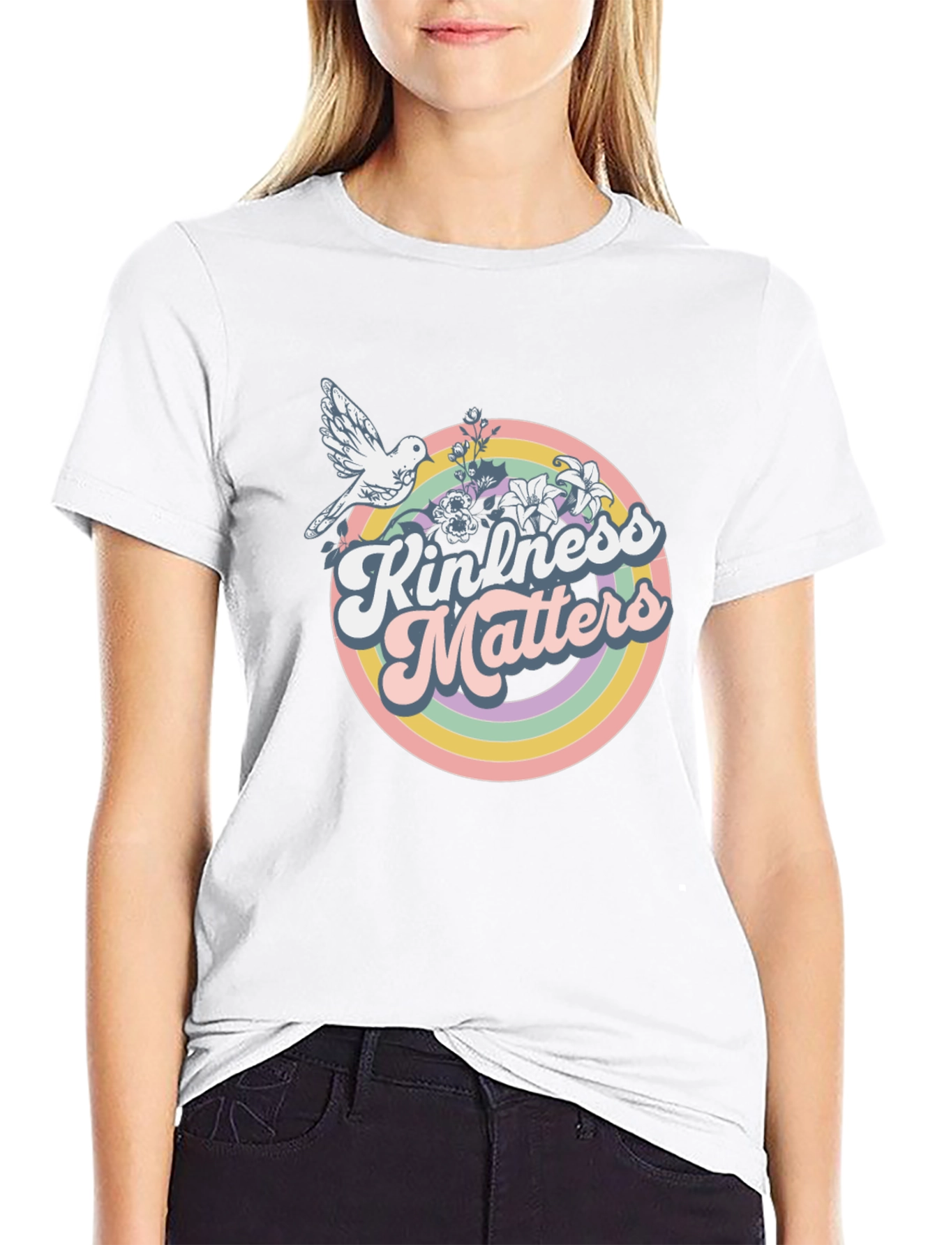 Kindness Matters Graphic T-Shirt - Retro Dove Rainbow Tee
