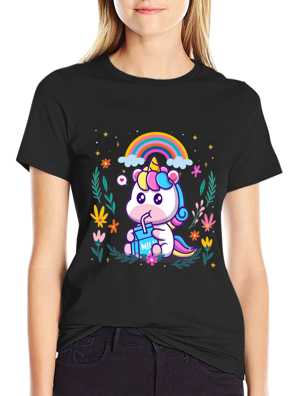 Cute Cartoon Unicorn T-Shirt - Black