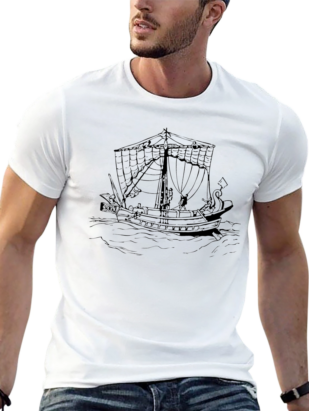 Black T-Shirt with Ship Graphic