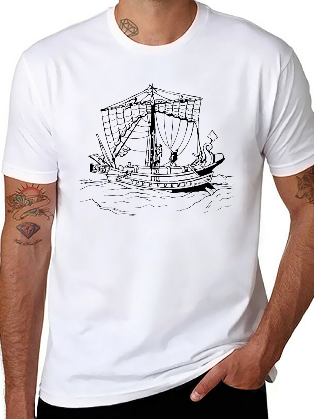 Black T-Shirt with Ship Graphic