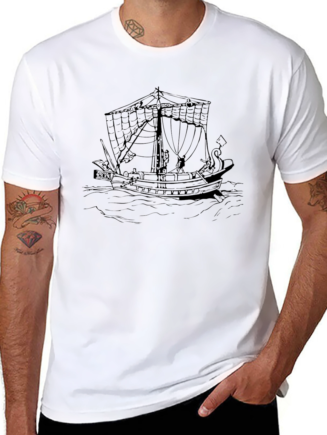 Black T-Shirt with Ship Graphic