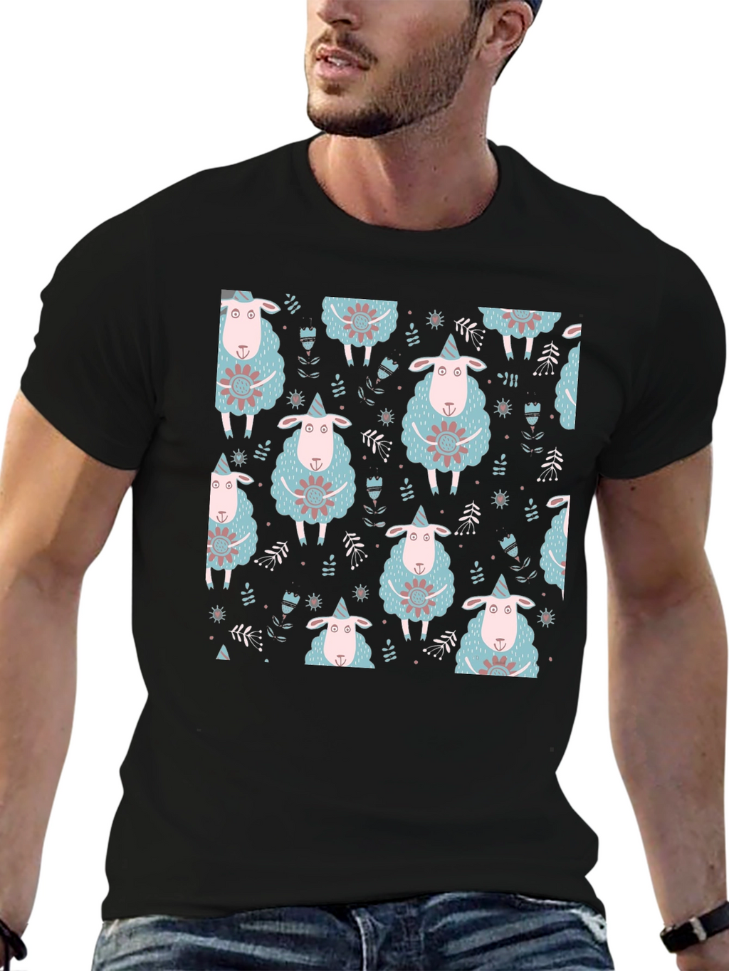 Sheep Patterned Black T-Shirt