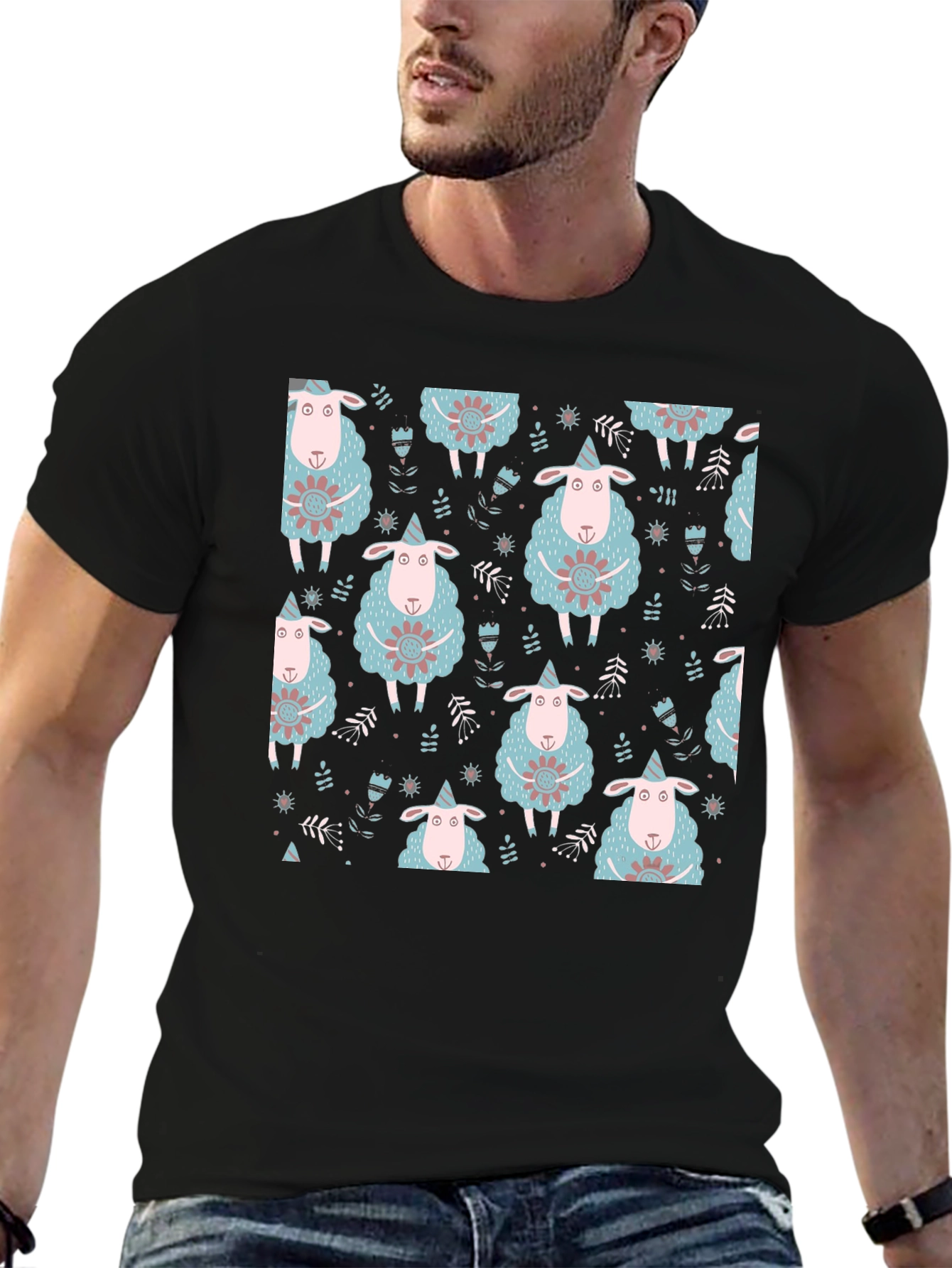 Sheep Patterned Black T-Shirt