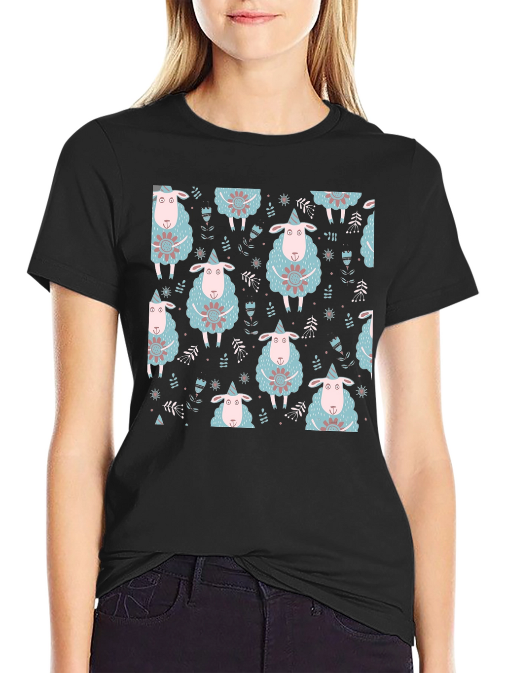 Sheep Patterned Black T-Shirt