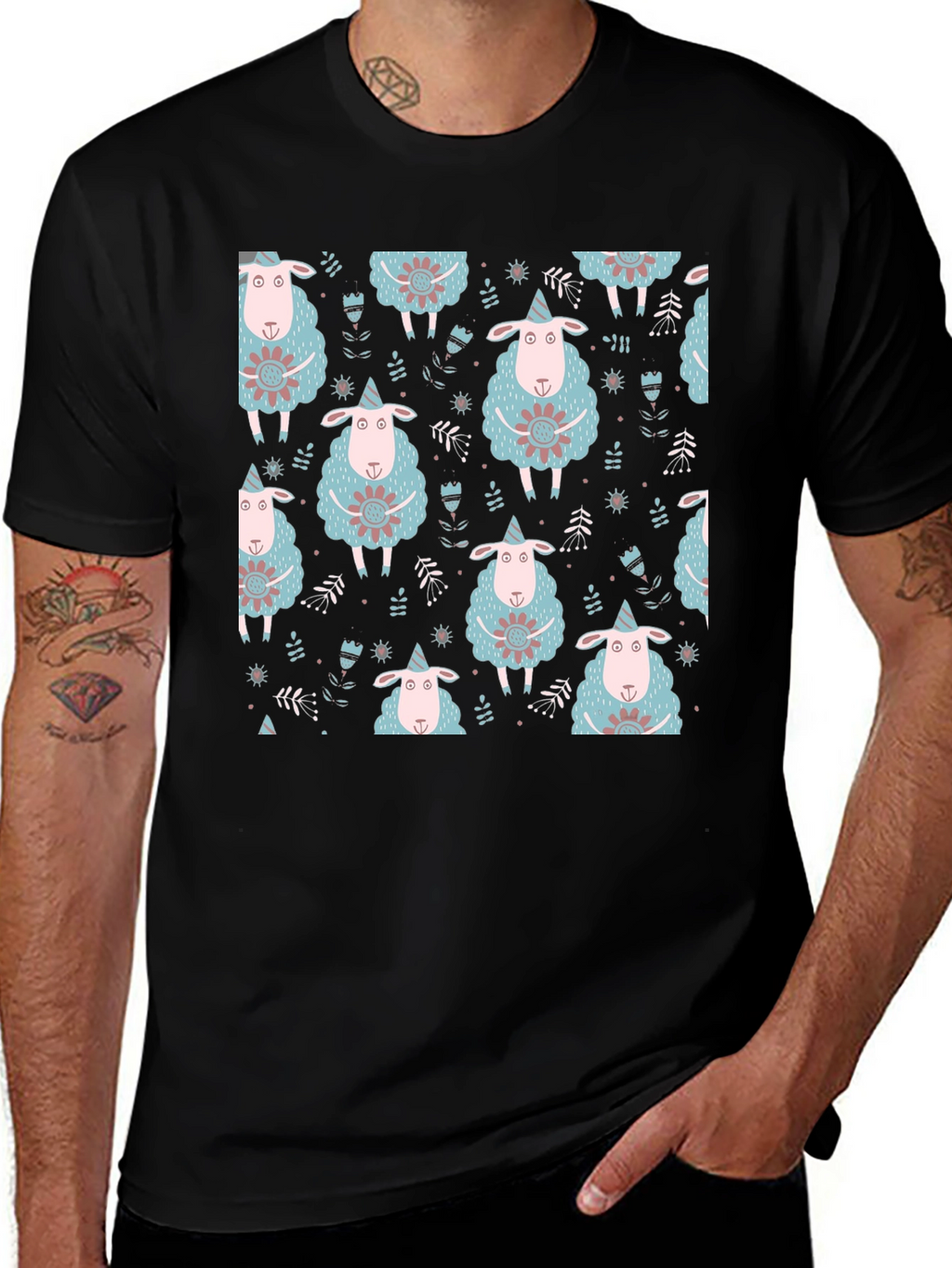Sheep Patterned Black T-Shirt