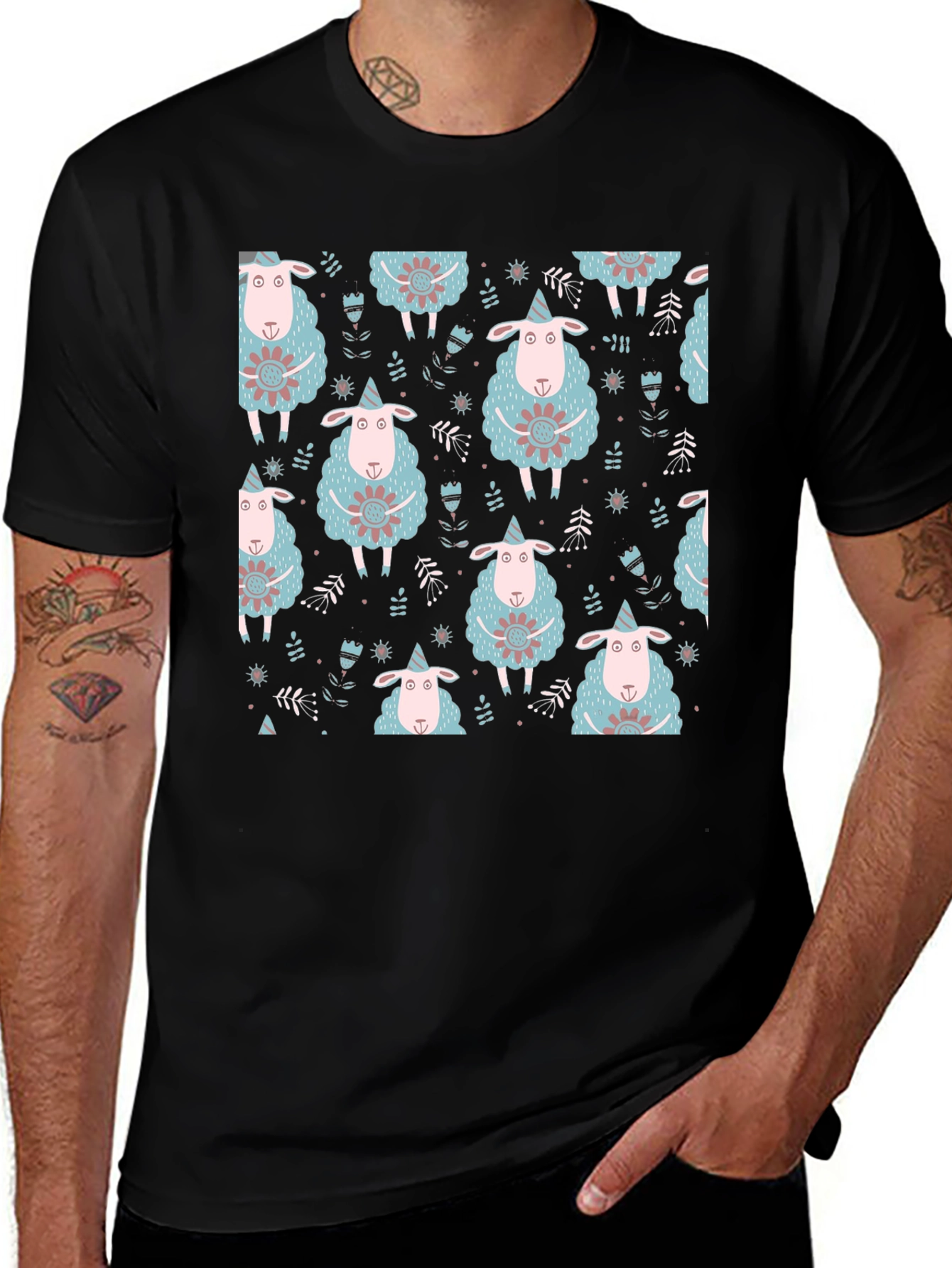 Sheep Patterned Black T-Shirt