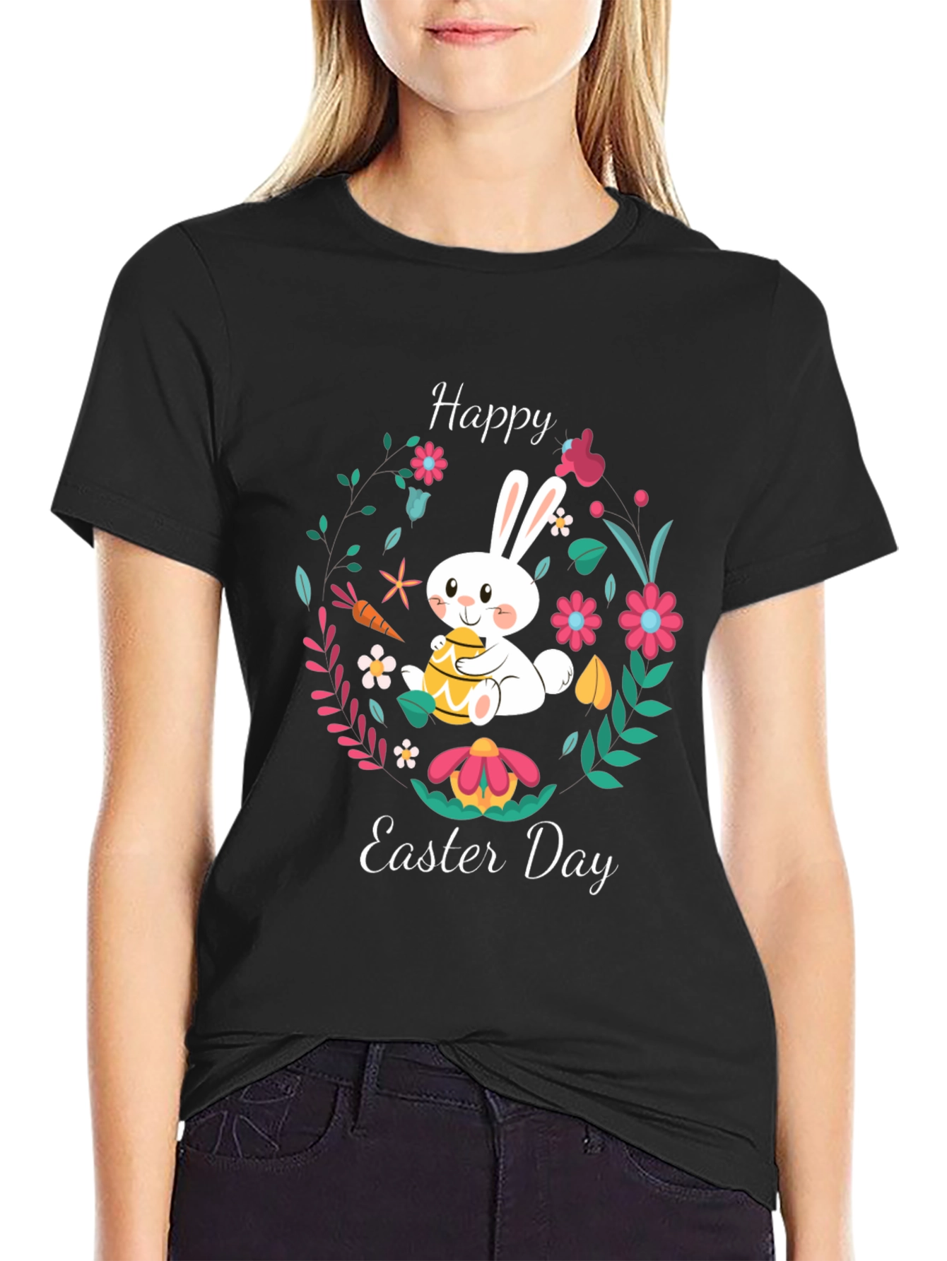 Happy Easter Day Bunny Graphic Tee - Black Casual Shirt