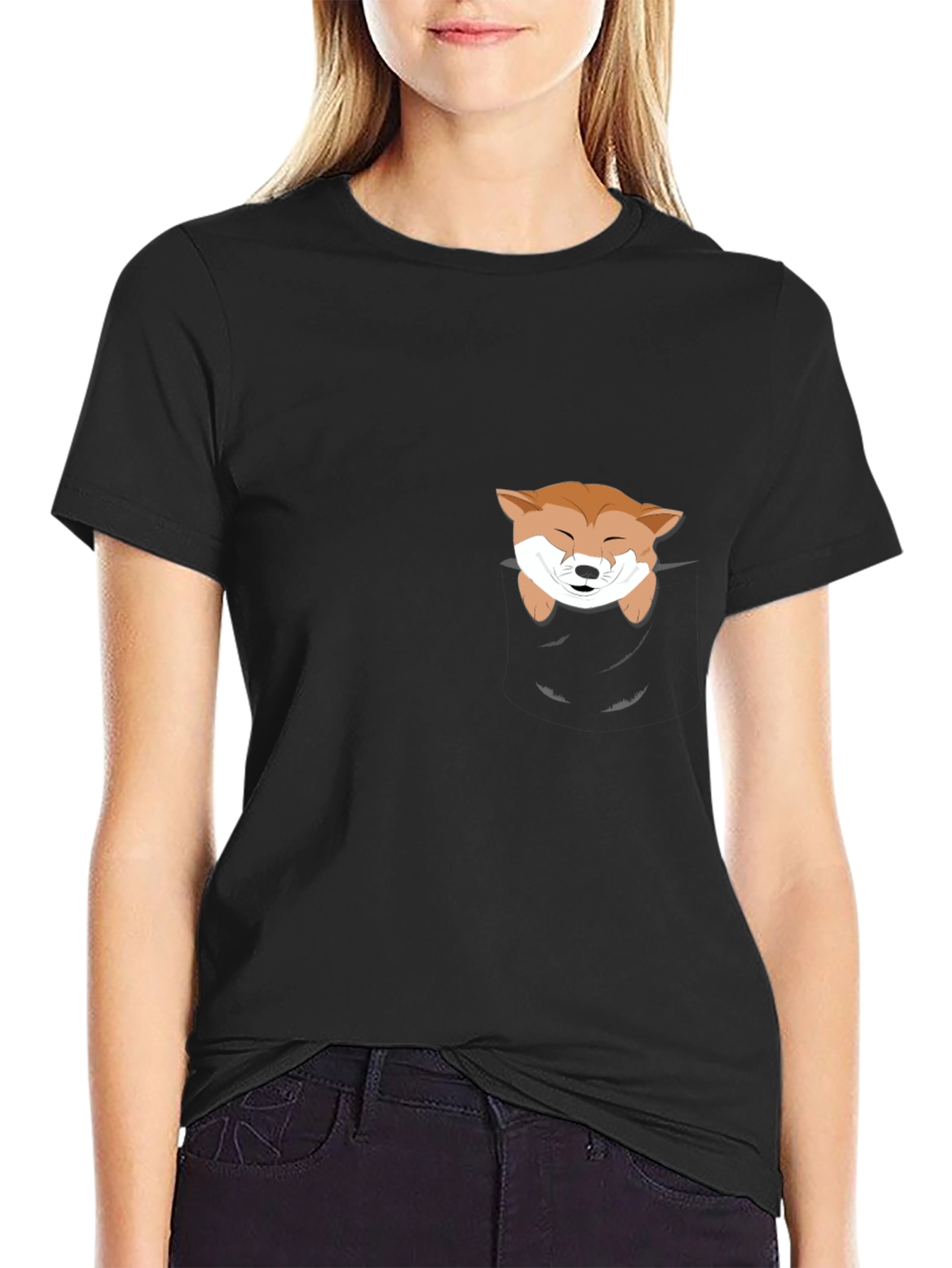 Cute Shiba Inu Pocket T-Shirt - Black