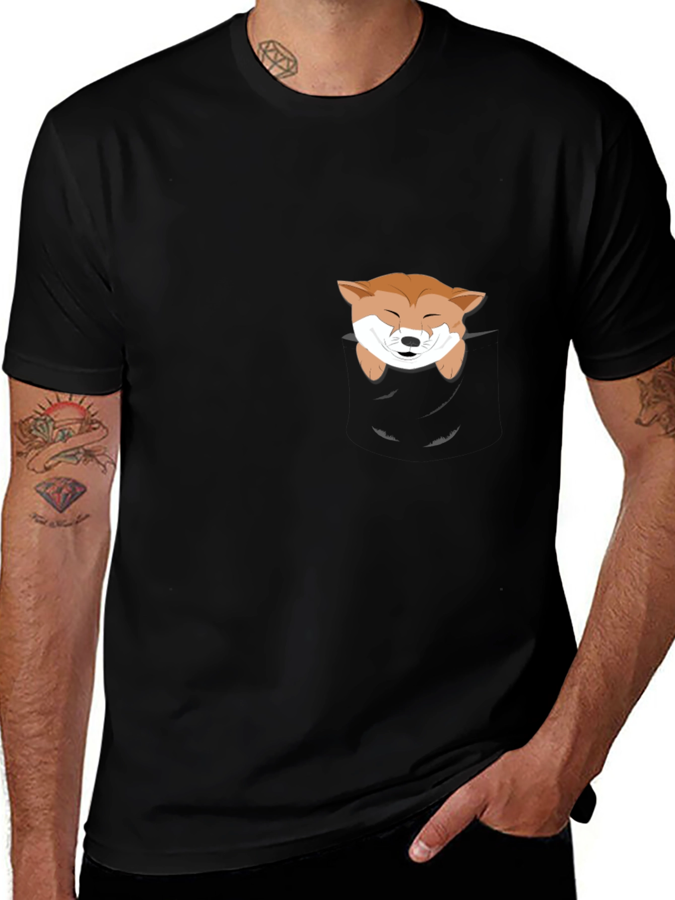 Cute Shiba Inu Pocket T-Shirt - Black