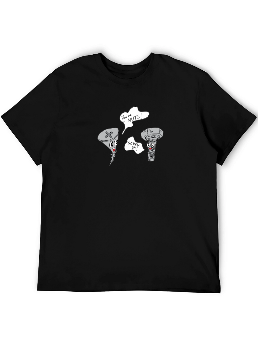 Funny Screw & Nut Cartoon Black T-Shirt