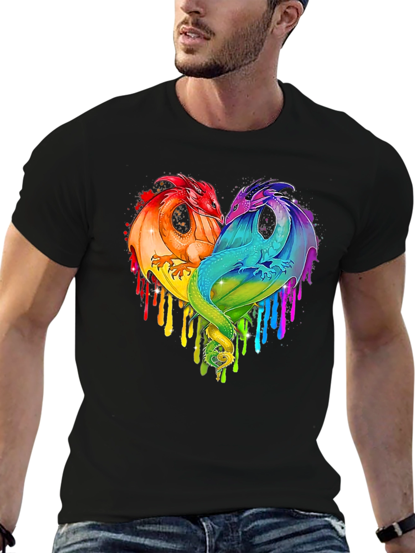 Rainbow Dragon Heart Graphic Tee - Fantasy Lovers T-Shirt