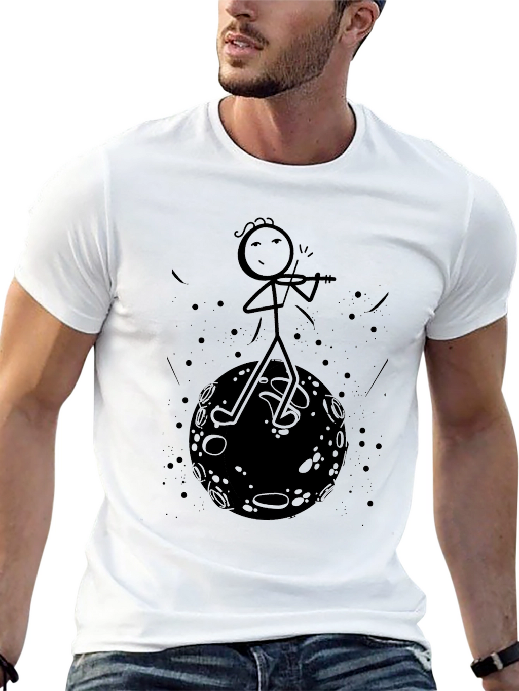 Stick Figure Moon Musician Black T-Shirt