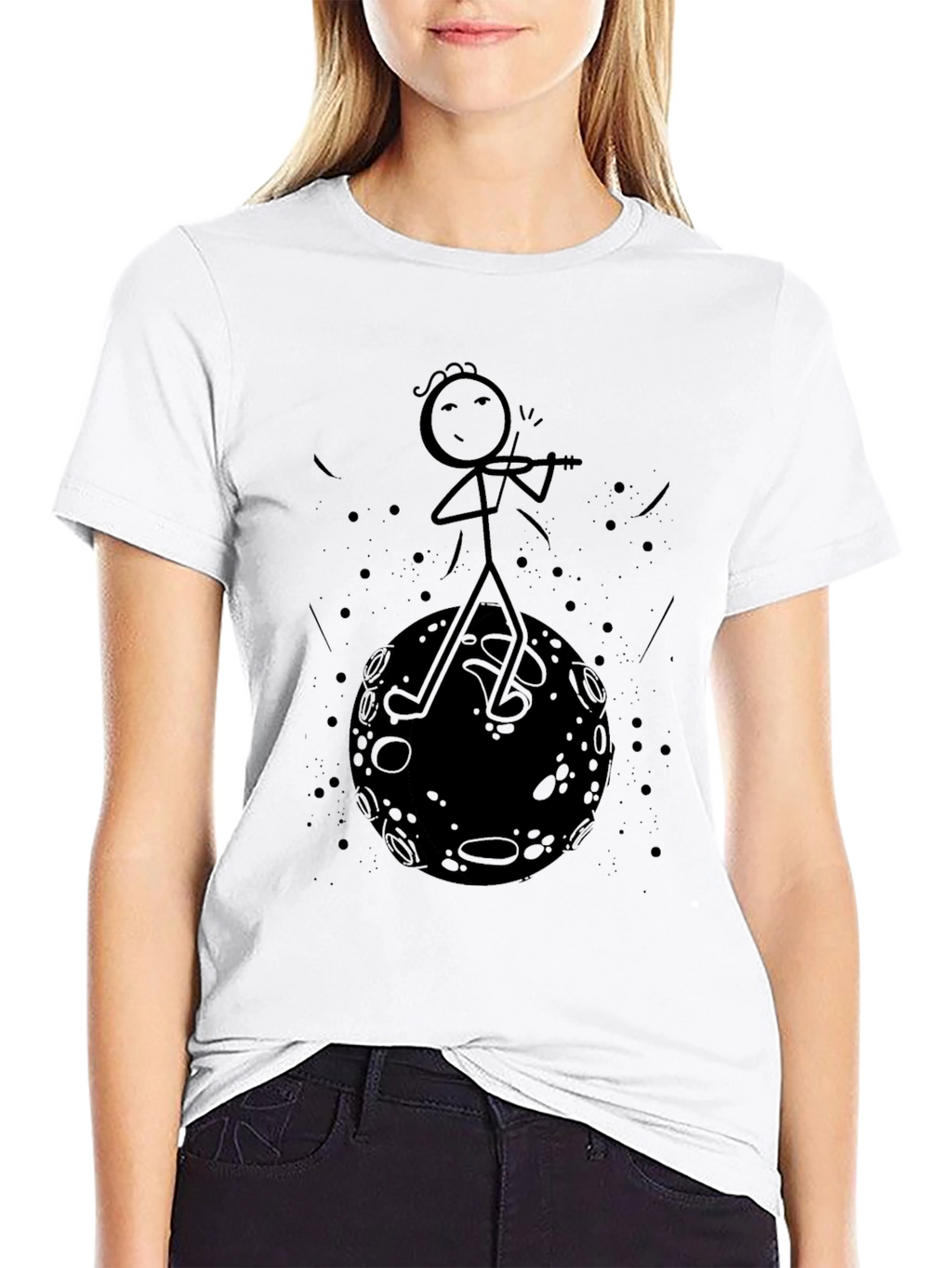 Stick Figure Moon Musician Black T-Shirt