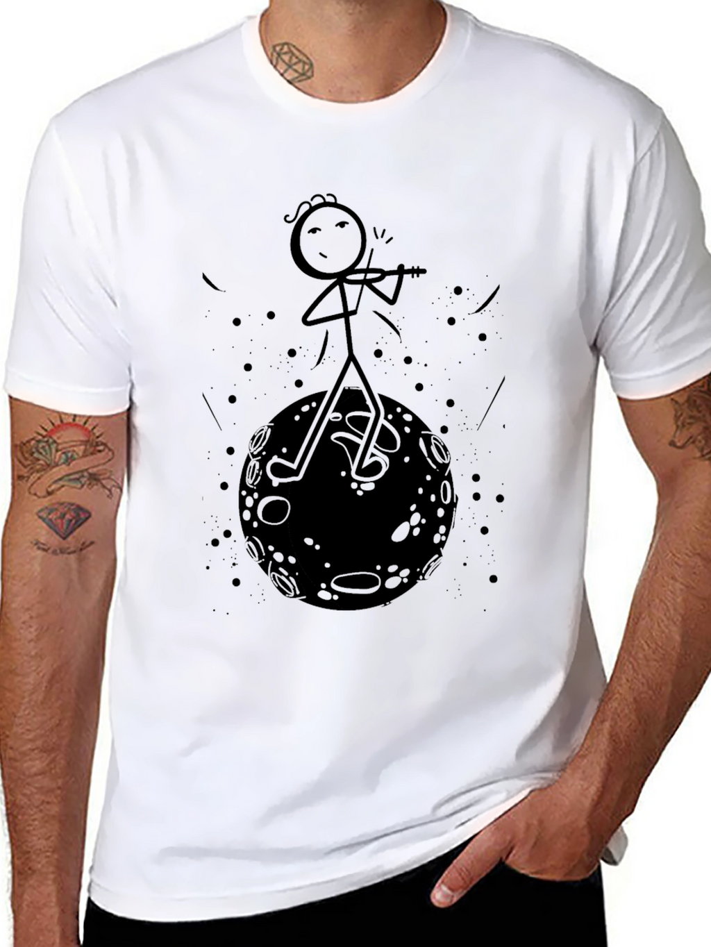 Stick Figure Moon Musician Black T-Shirt