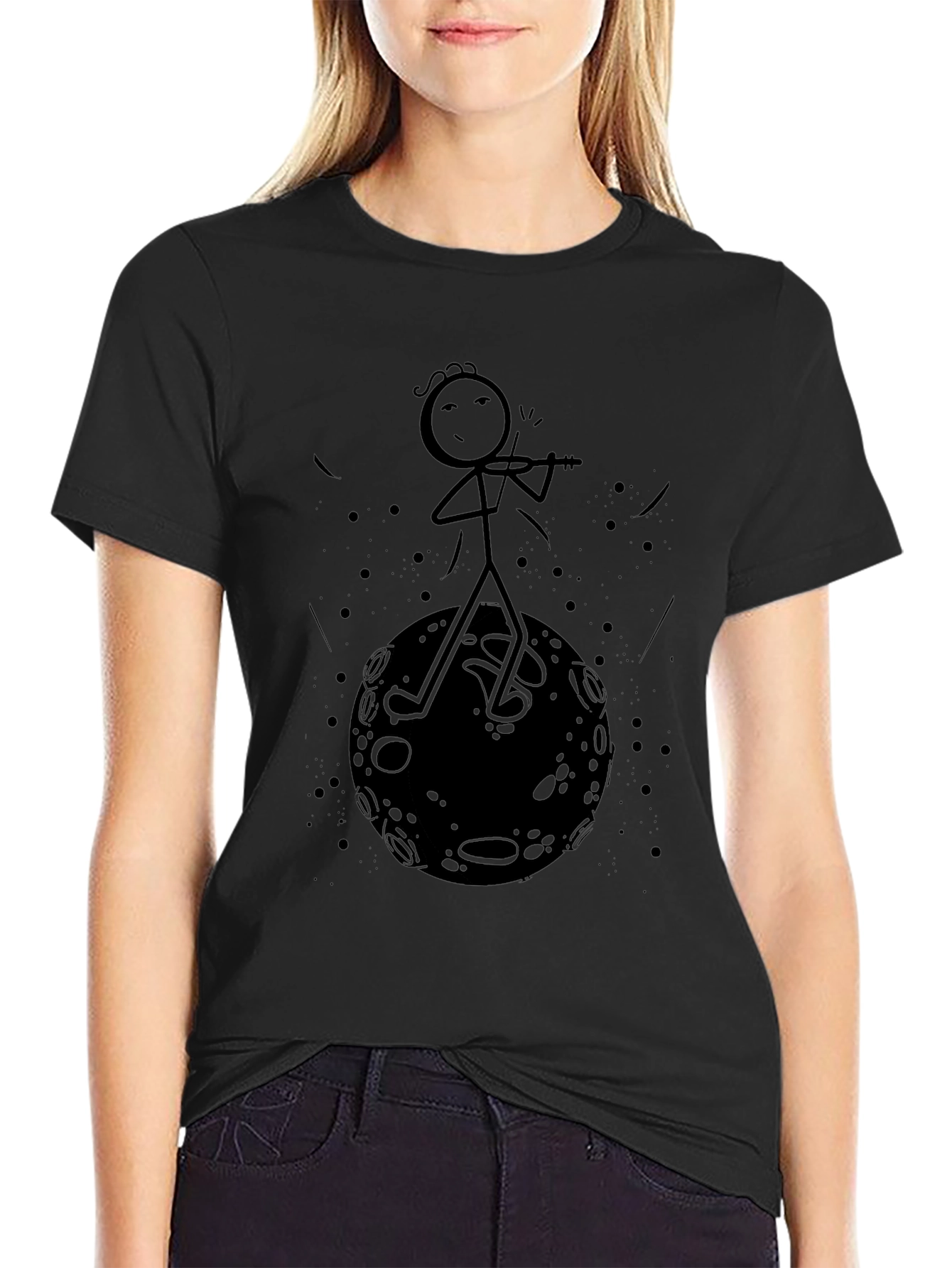 Stick Figure Moon Musician Black T-Shirt