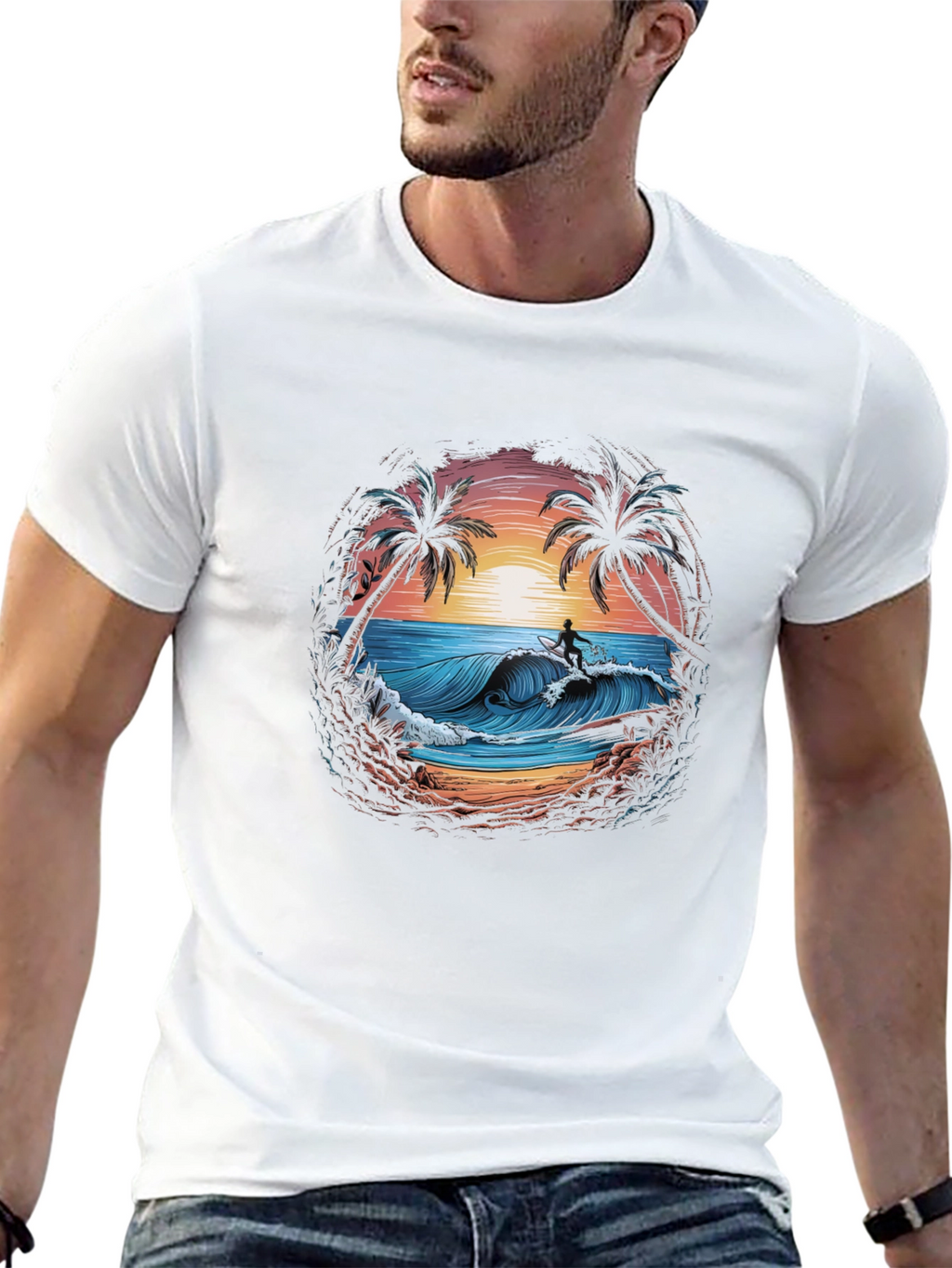 Surfing Beach Scene Graphic T-Shirt
