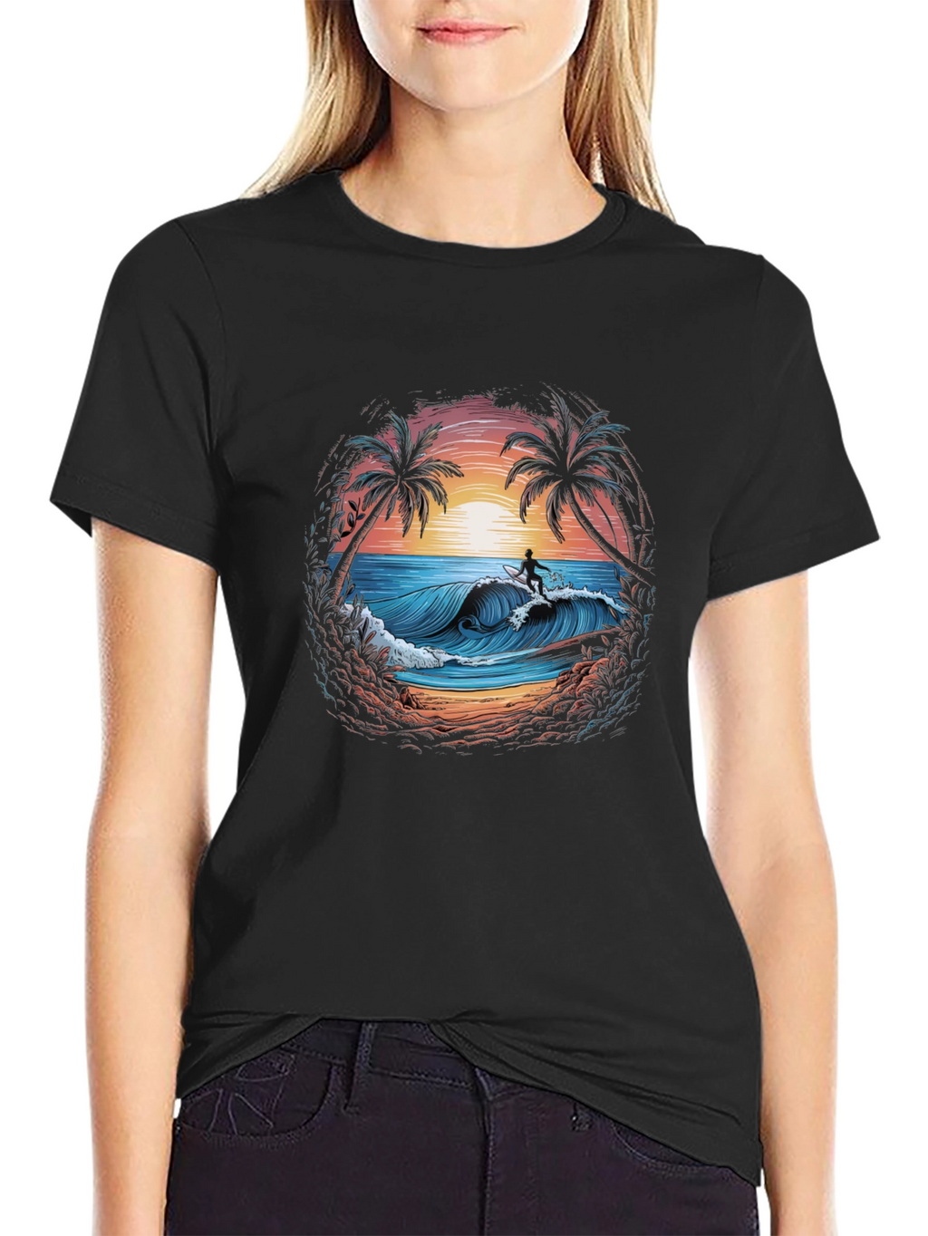 Surfing Beach Scene Graphic T-Shirt