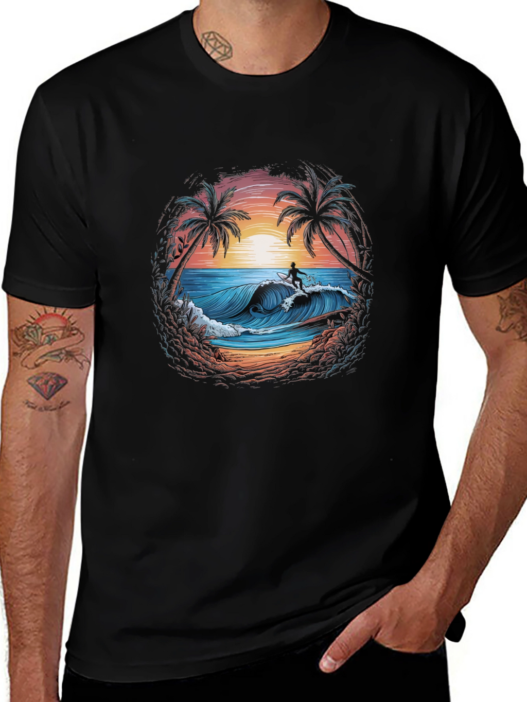 Surfing Beach Scene Graphic T-Shirt