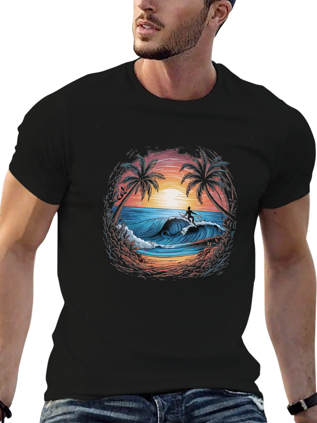 Surfing Beach Scene Graphic T-Shirt