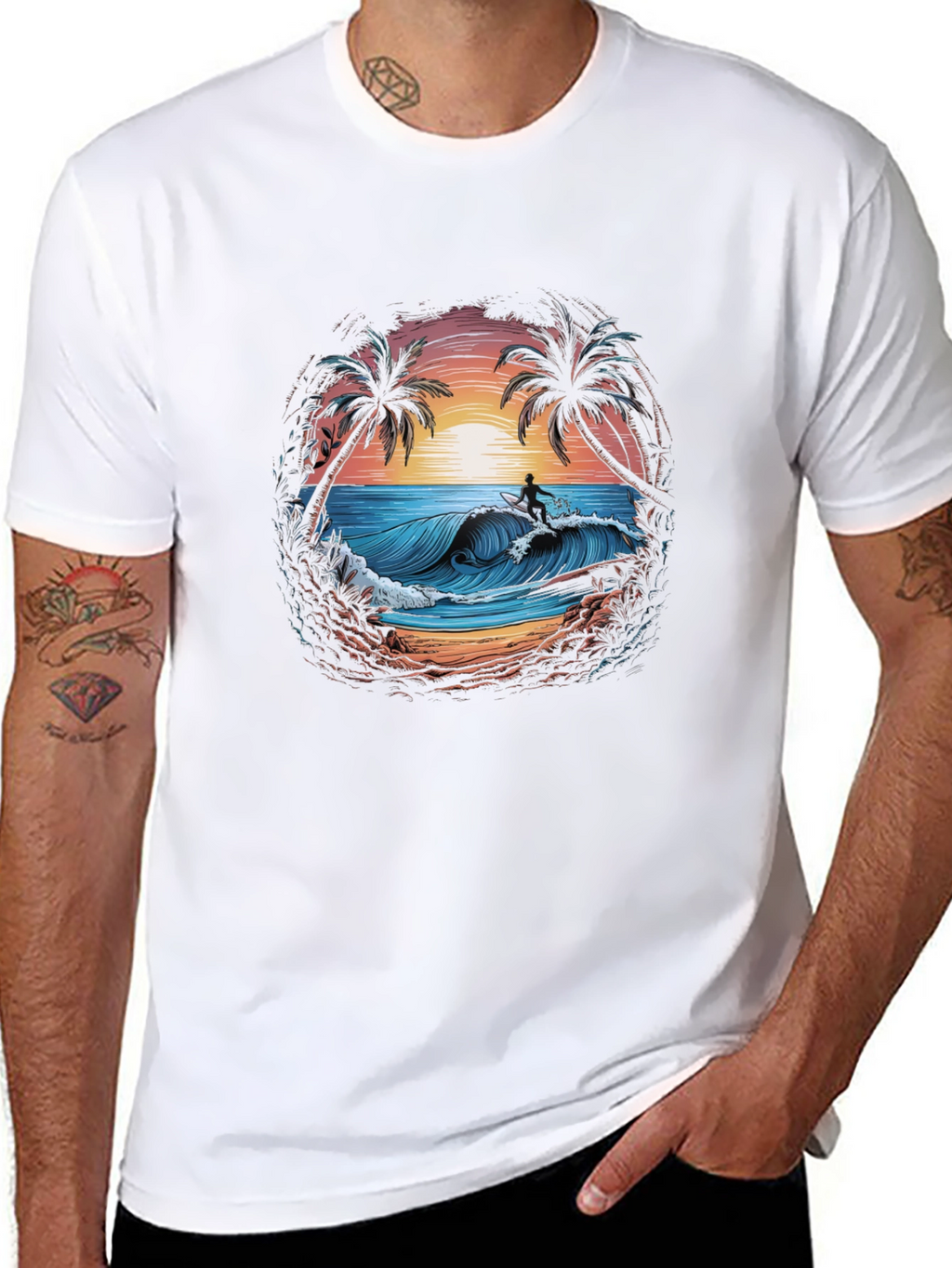 Surfing Beach Scene Graphic T-Shirt