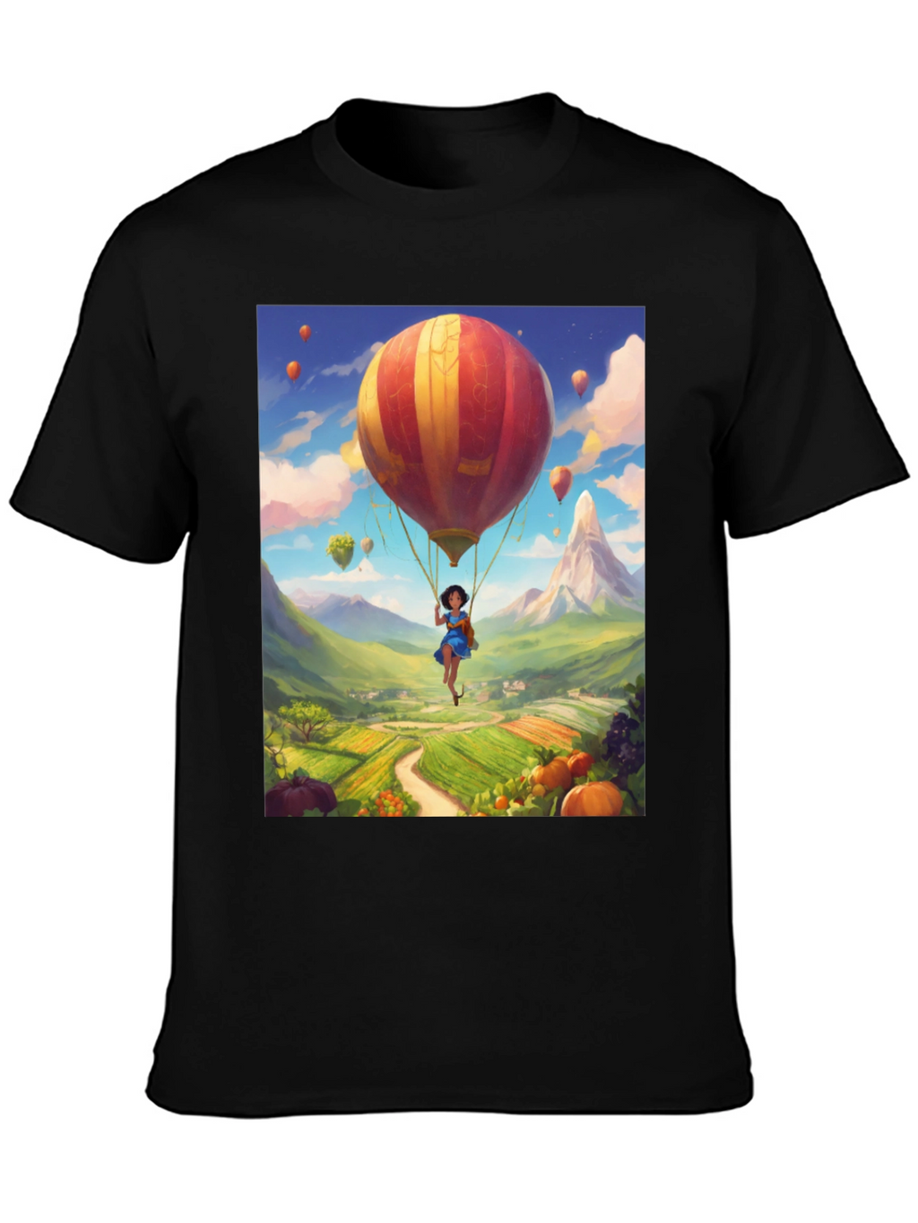 Whimsical Hot Air Balloon Graphic Tee - Black