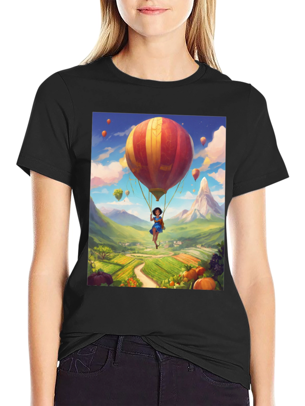 Whimsical Hot Air Balloon Graphic Tee - Black