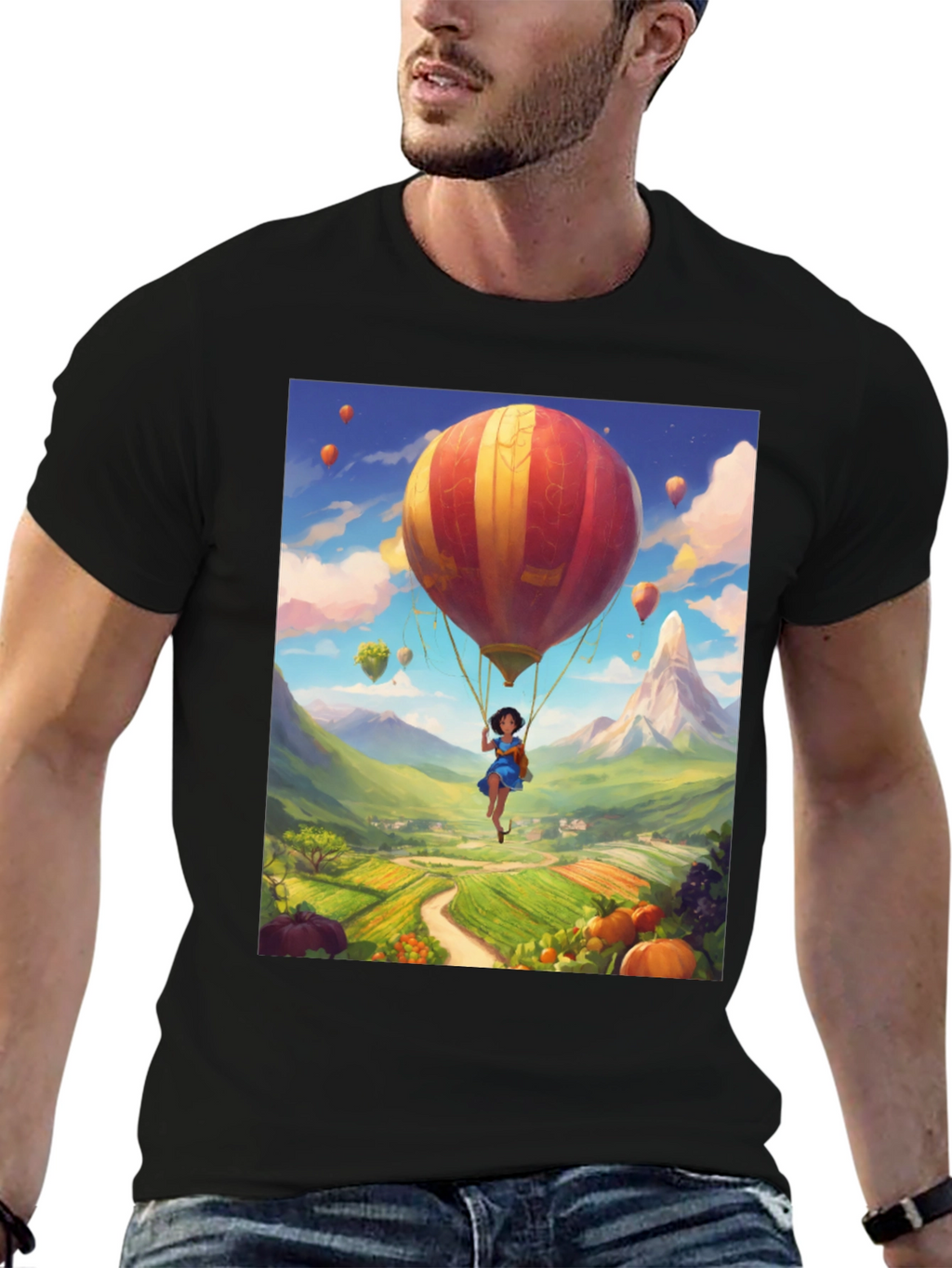 Whimsical Hot Air Balloon Graphic Tee - Black