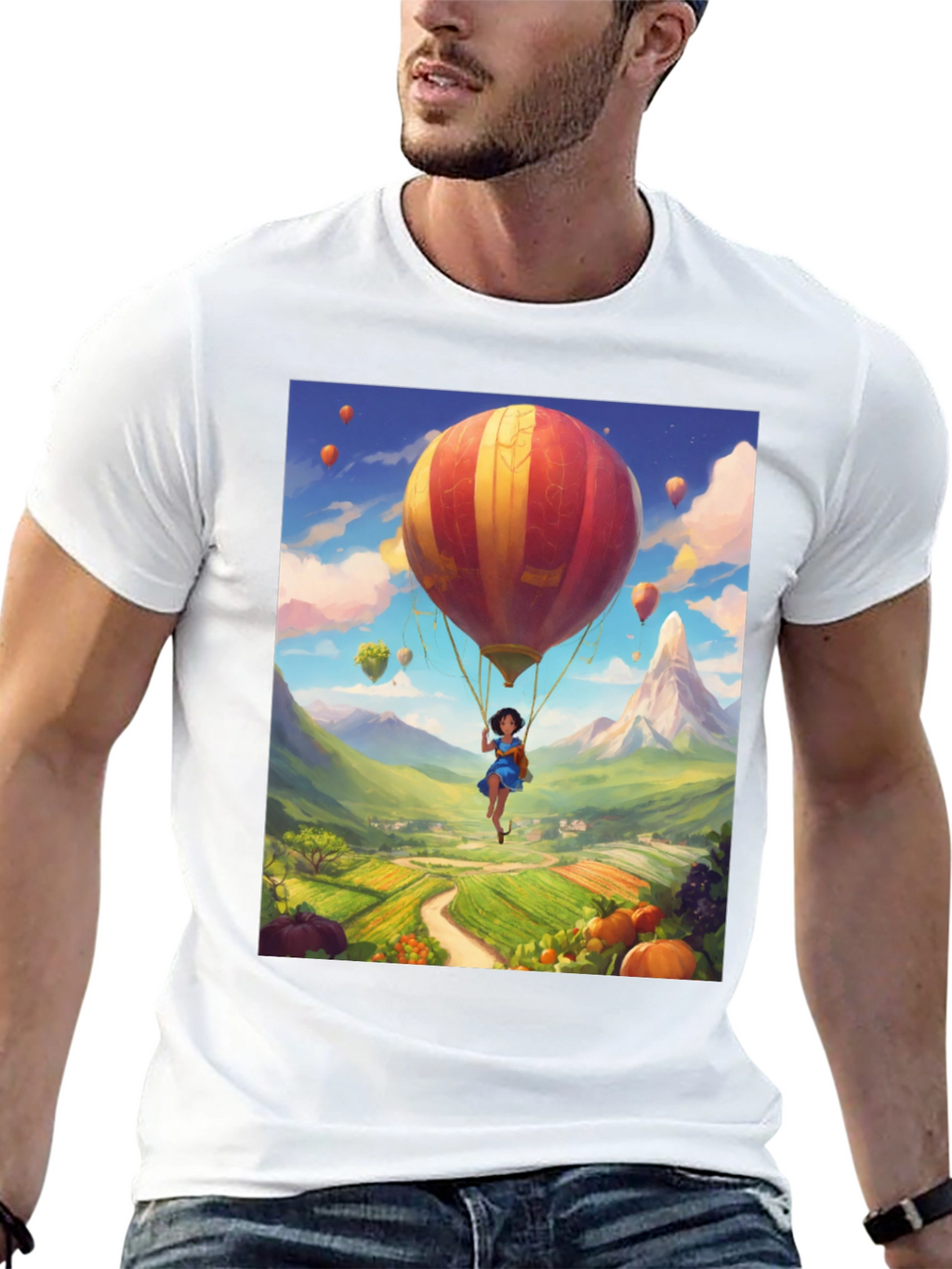 Whimsical Hot Air Balloon Graphic Tee - Black