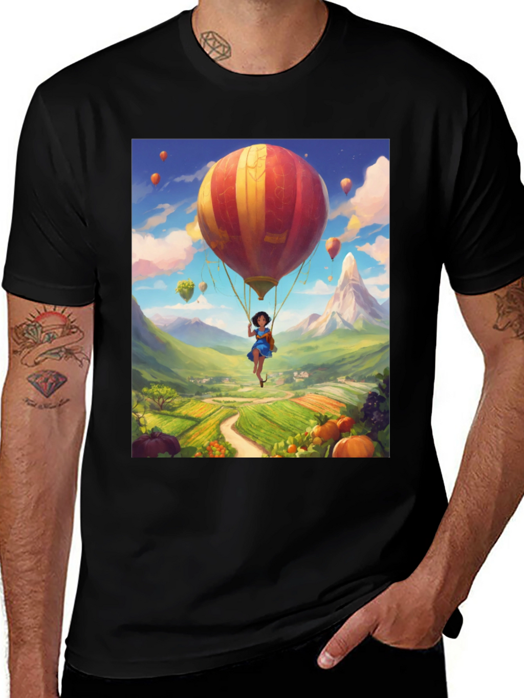 Whimsical Hot Air Balloon Graphic Tee - Black