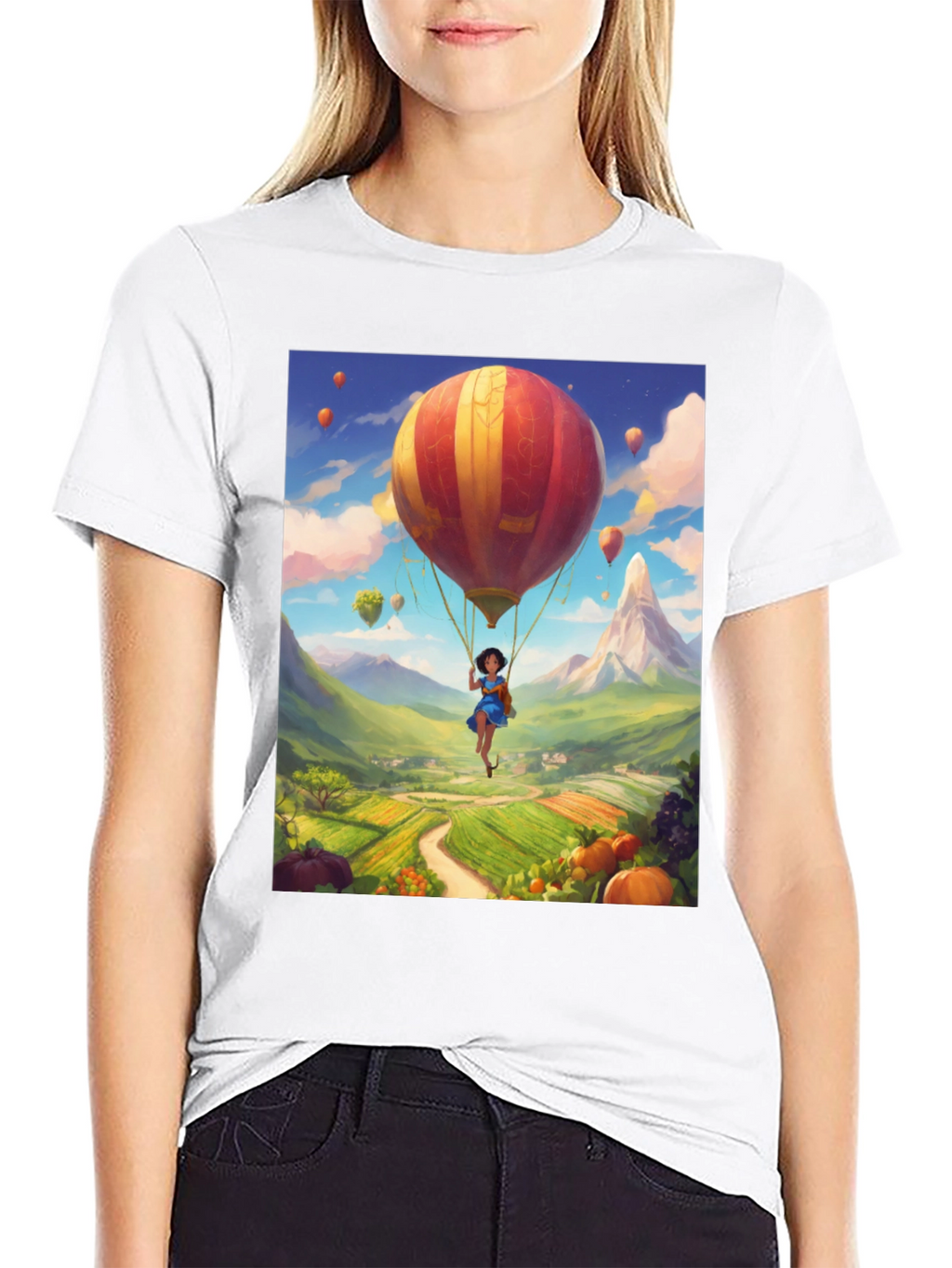 Whimsical Hot Air Balloon Graphic Tee - Black